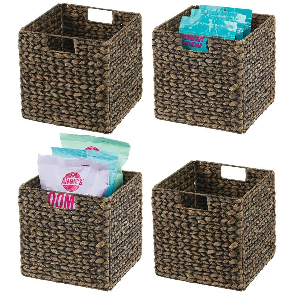 mDesign Natural Woven Hyacinth Cube Storage Basket with Handles - 4 Pack Black Wash Organizer for Kitchen, Pantry & Cubby Units | Perfect for Snacks, Small Appliances & Home Organization | Space-Saving Cabinet & Shelf Storage Solution