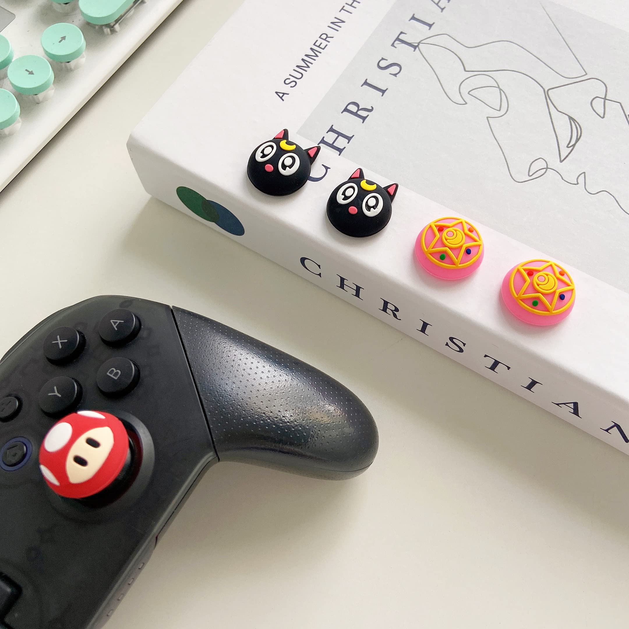 PERFECTSIGHT Cute Thumb Grip Caps for PS5 Controller, PS4, Xbox Series X/S, Xbox One, Switch PRO - 4PCS Soft Rubber 3D Analog Thumbstick Covers with Kawaii Design (Red) - Improve Gaming Comfort & Grip for Long Play Sessions