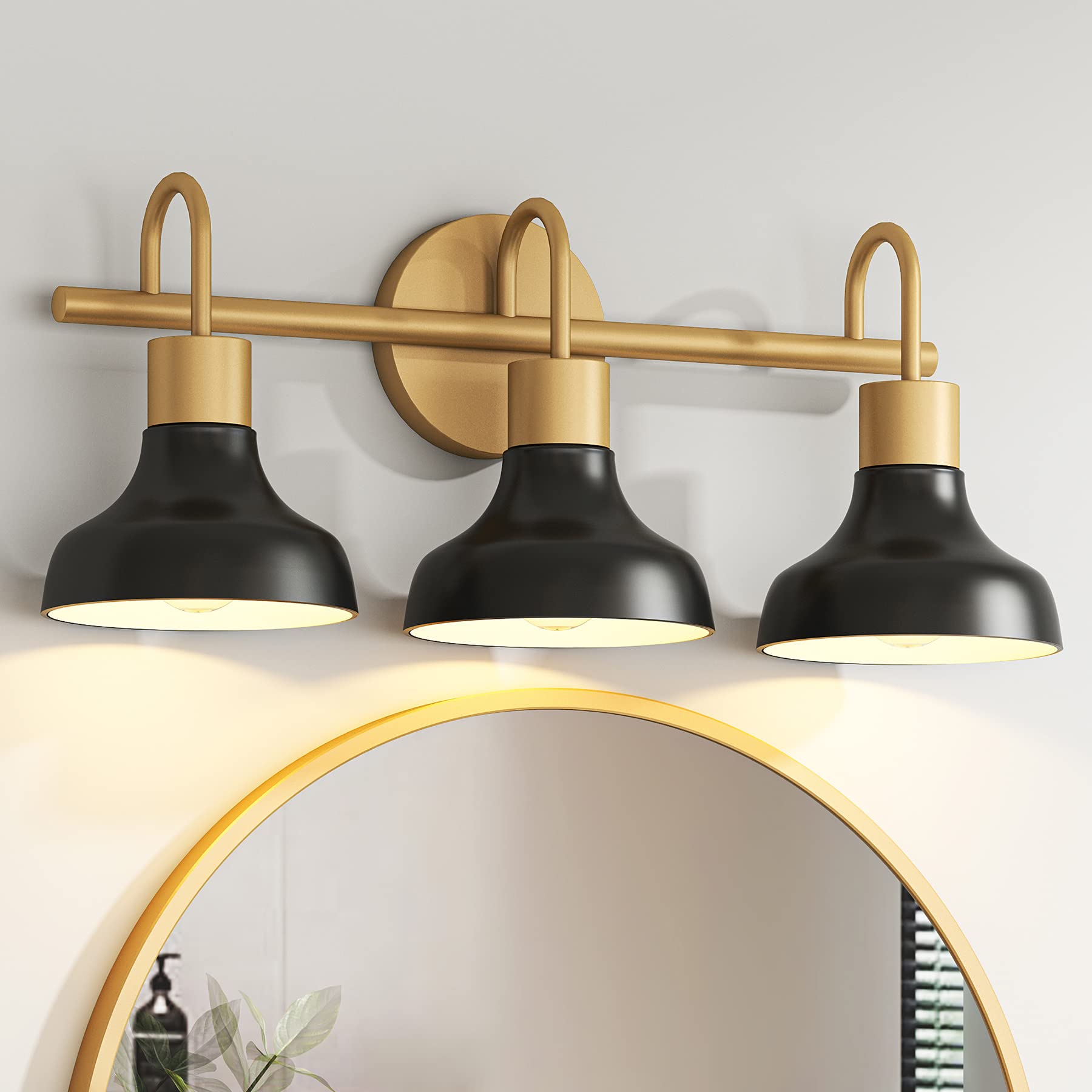 Tribesigns 3-Light Farmhouse Bathroom Vanity Light Fixture - Black Wall Sconce with Gold Metal & Black Shade, E26 Base Vintage Lighting for Bathroom Mirror, Vanity, Dressing Room (Bulb Not Included) - Perfect for Farmhouse, Rustic, or Vintage Style Bathrooms