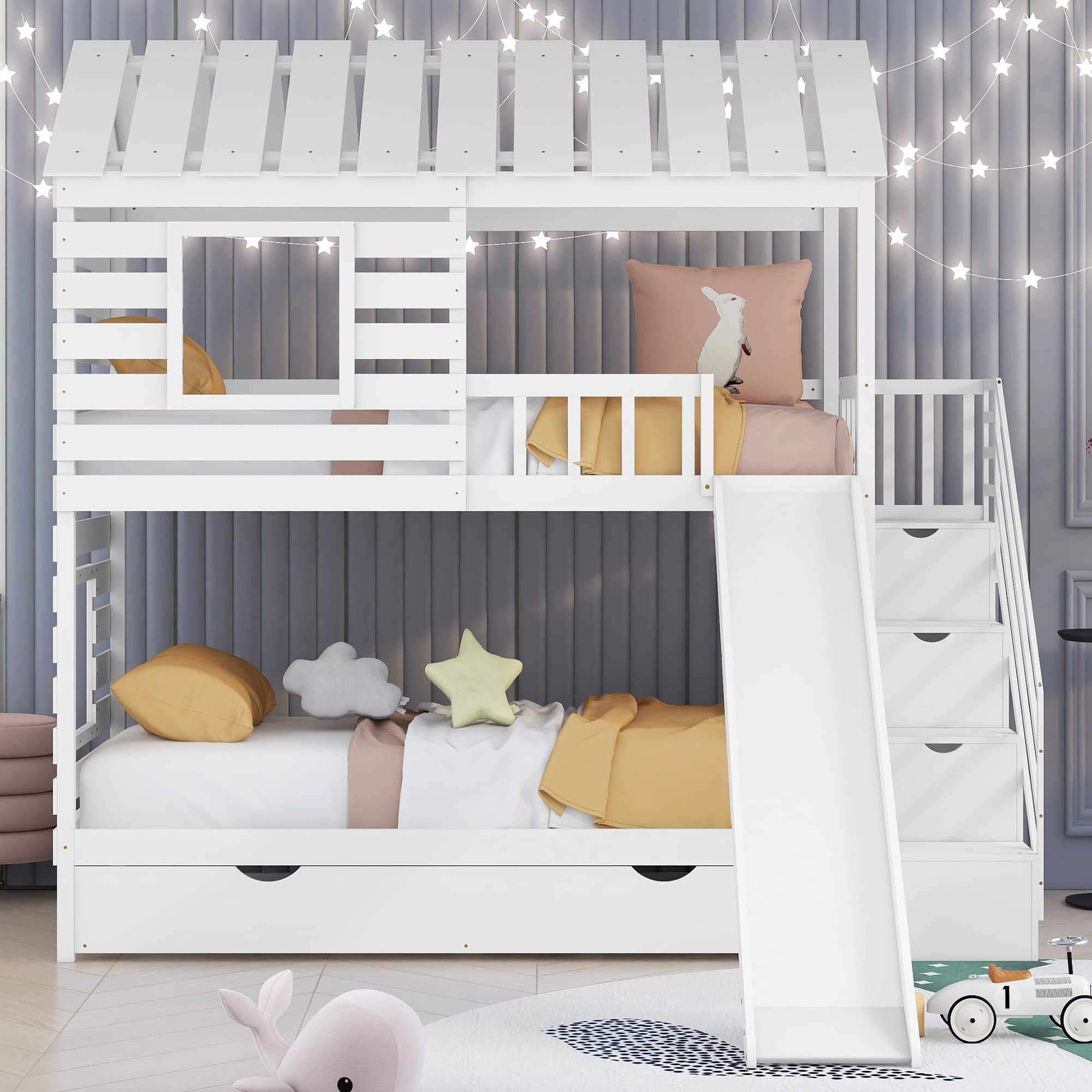 Twin Over Twin Wooden Bunk Bed with Slide, Storage Stairs & Trundle - Kids Bunk Bed with Roof & Window Design for Girls & Boys (White) - Perfect for Shared Bedrooms, Sleepovers & Space-Saving Kids' Rooms