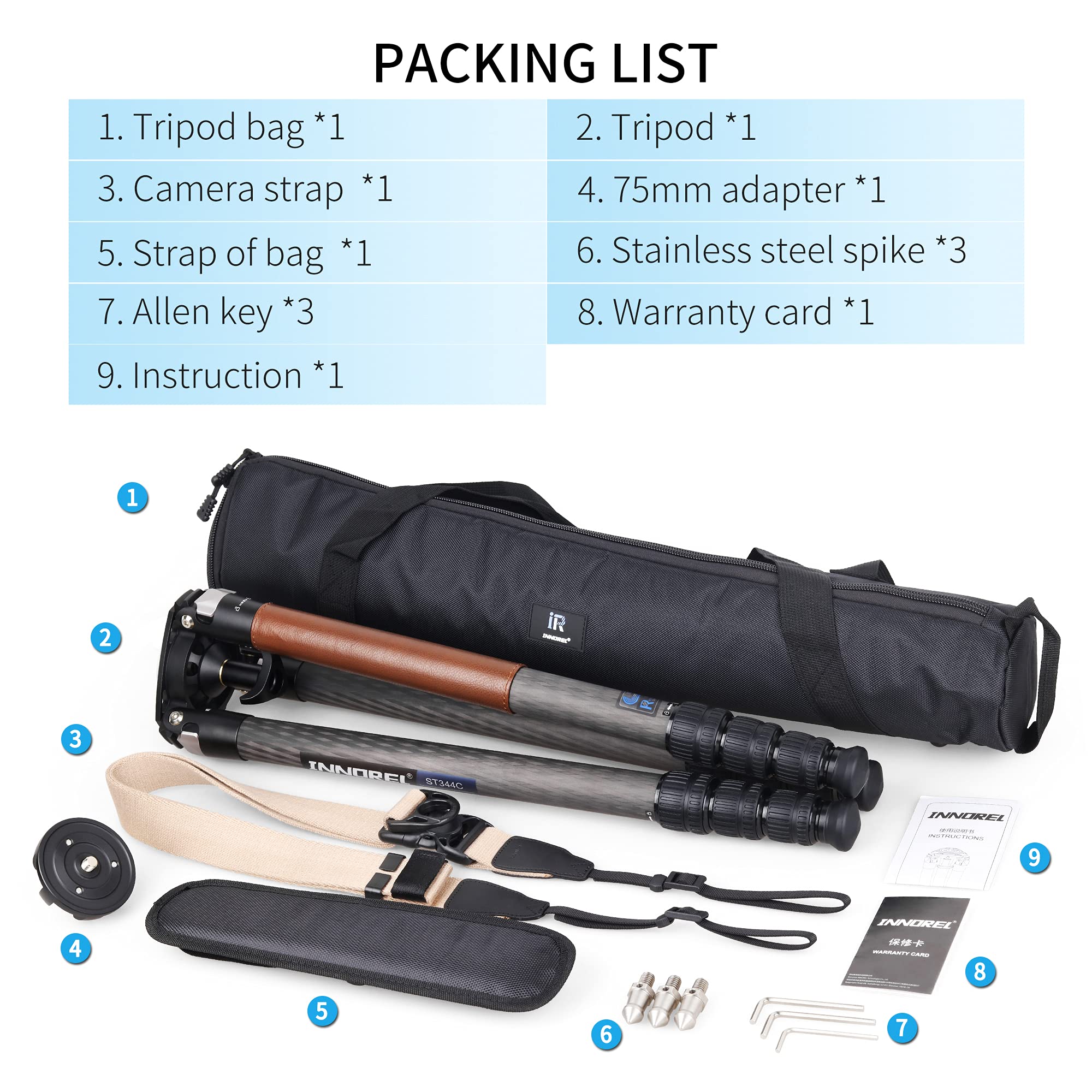 INNOREL ST344C Professional Carbon Fiber Tripod - Heavy Duty Camera Stand with 75mm Bowl Adapter, 34.4mm Tube Legs, 77.2 lbs Load Capacity (35kg), 63
