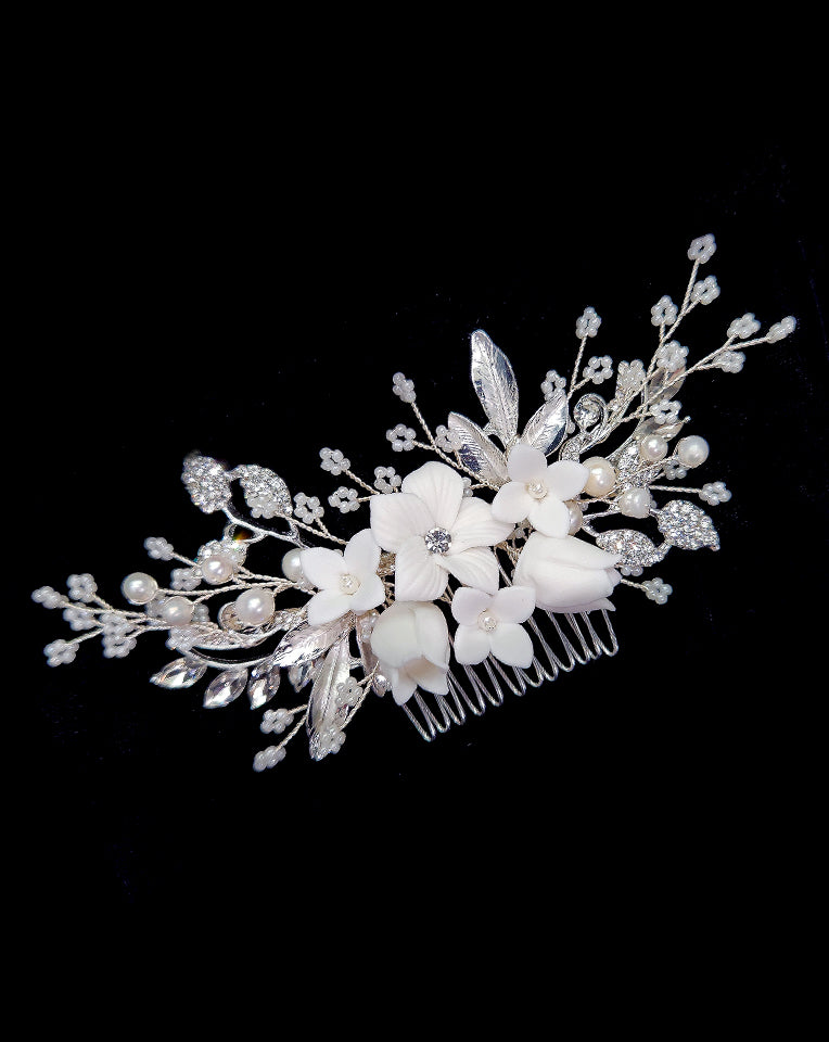 Elegant Porcelain Floral Hair Comb - Millie by Johnny B Collection at Kezani | Perfect for Bridal Hair Accessories, Weddings & Special Occasions