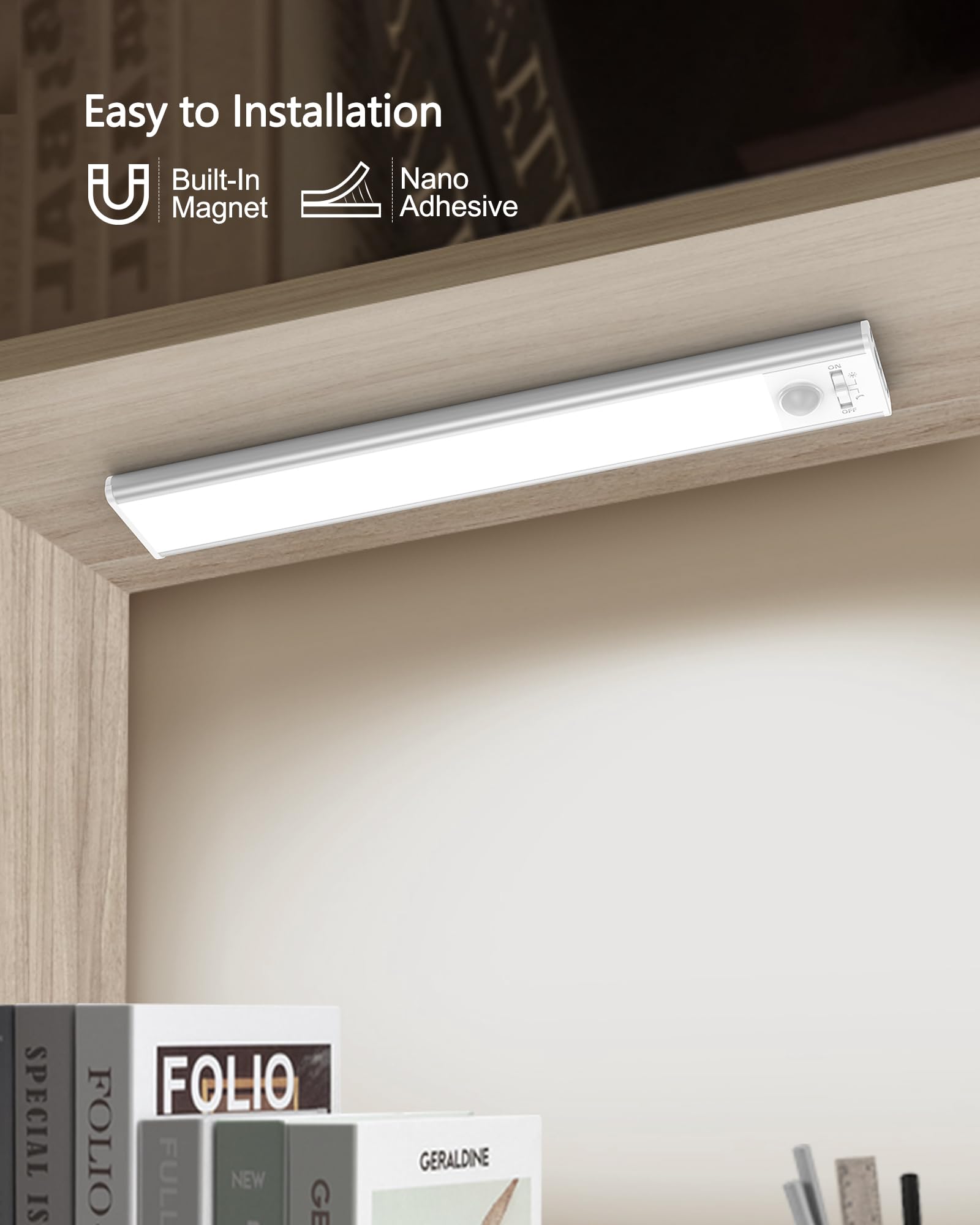 Under Cabinet Lights with Motion Sensor - 80 LED Wireless Rechargeable Lighting for Kitchen, Cupboard, Closet (3 Color Temperatures, 9.4inch, 1500mAh) - Perfect for Nighttime Safety & Hands-Free Illumination
