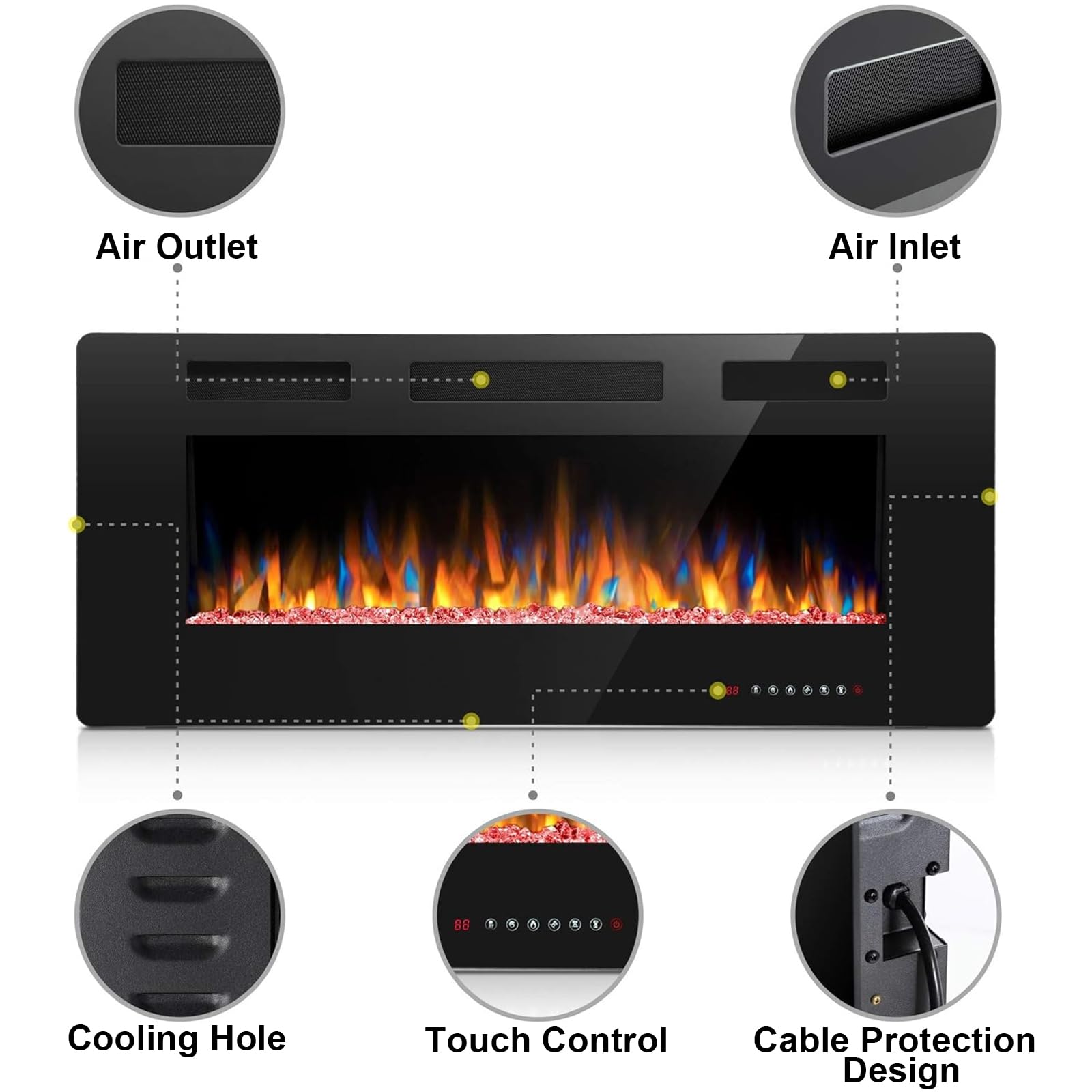 42 Inch Electric Fireplace Insert - Recessed or Wall Mounted 750W/1500W Heater with Touch Screen & Remote Control - Adjustable Flame Color/Speed & Timer - Perfect for Living Room, Bedroom & Office