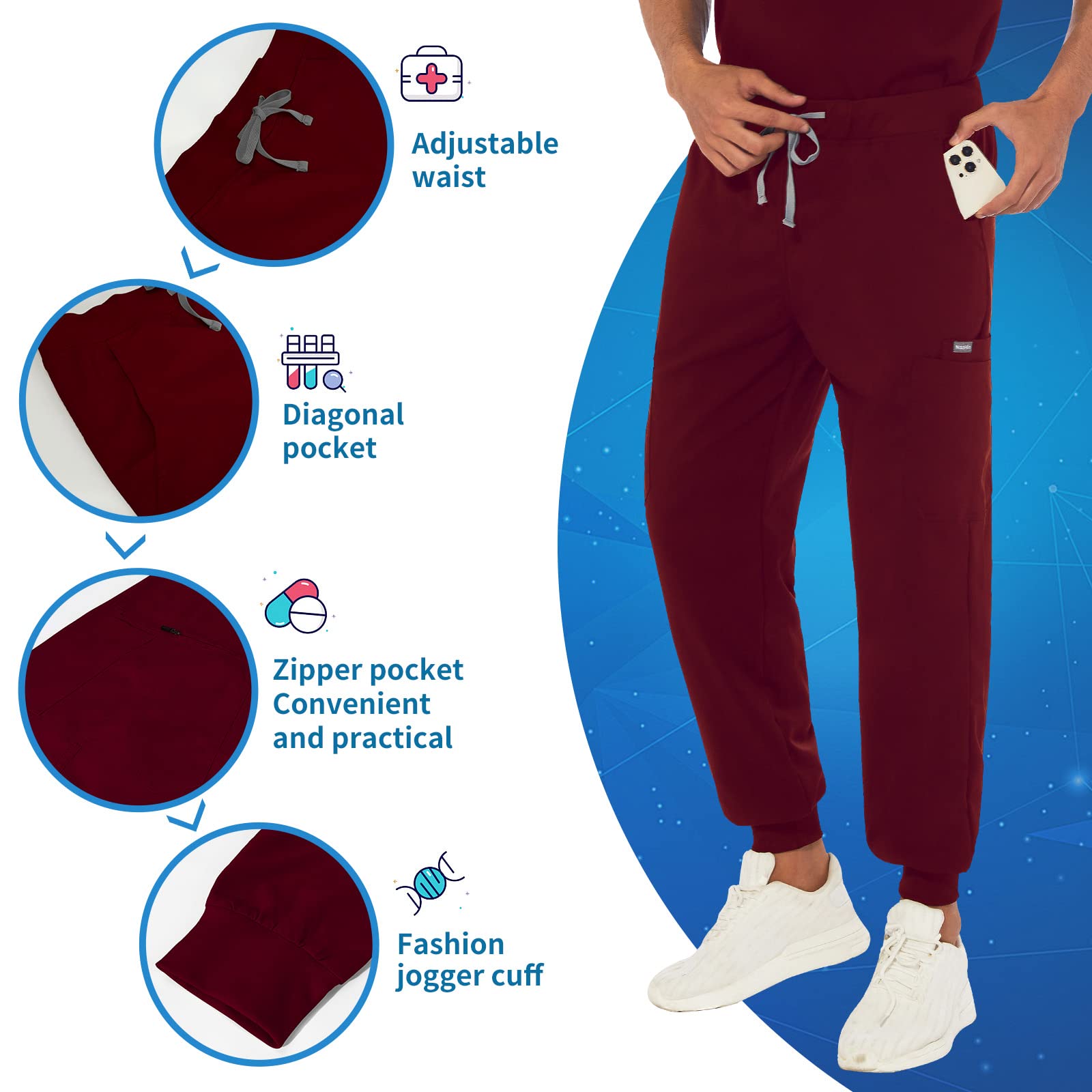 VIAOLI Men's Athletic Scrub Set - V-Neck Top & Yoga Jogger Pants with 8 Pockets - Breathable Medical Uniform for Nurses, Doctors & Healthcare Workers - Perfect for Hospital Shifts, Clinics & Long Work Hours