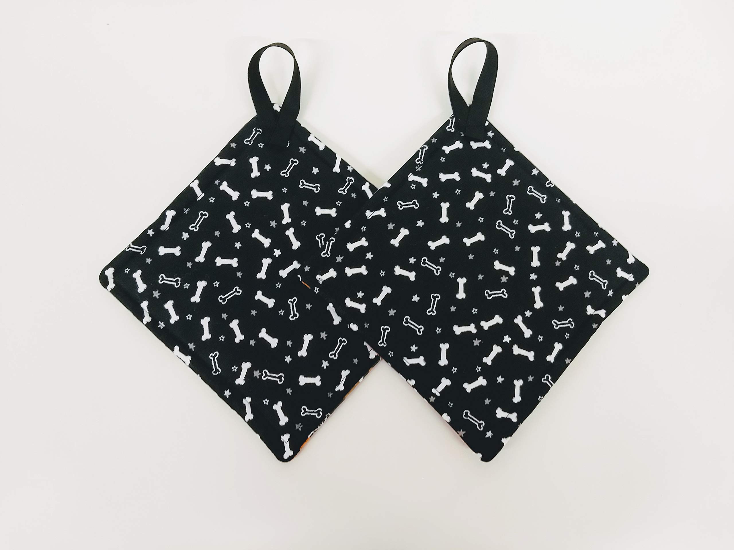 Halloween Dog & Black Bones Pot Holder Set with Hanging Loop - Heat Resistant Kitchen Mitts for Baking, Cooking & Halloween Decor