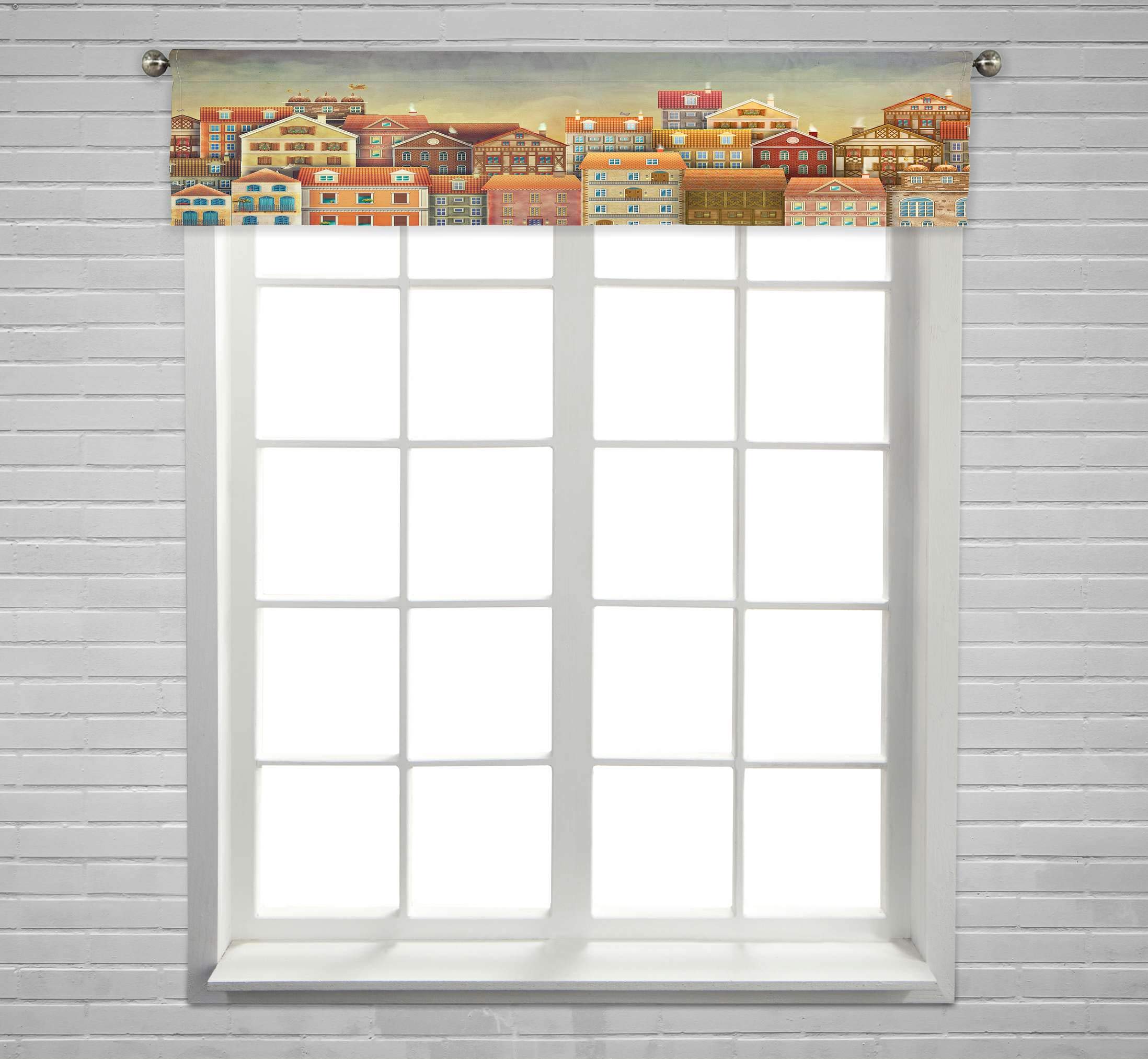 Cute Houses Sky Window Curtain Valance with Rod Pocket - 54x12 Inch for Nursery, Bedroom & Living Room Decor - Whimsical Illustration Home Décor