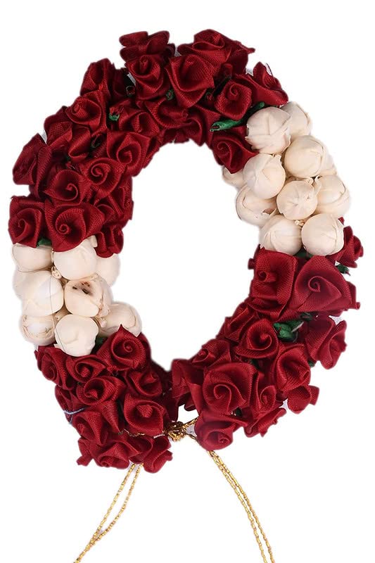 LYTIX Pack of 1, Maroon Rose with White Mogra Flower Gajra Floral Bun Bridal Hair Accessory - Perfect for Weddings, Indian Bridal Hairstyles & Traditional Occasions