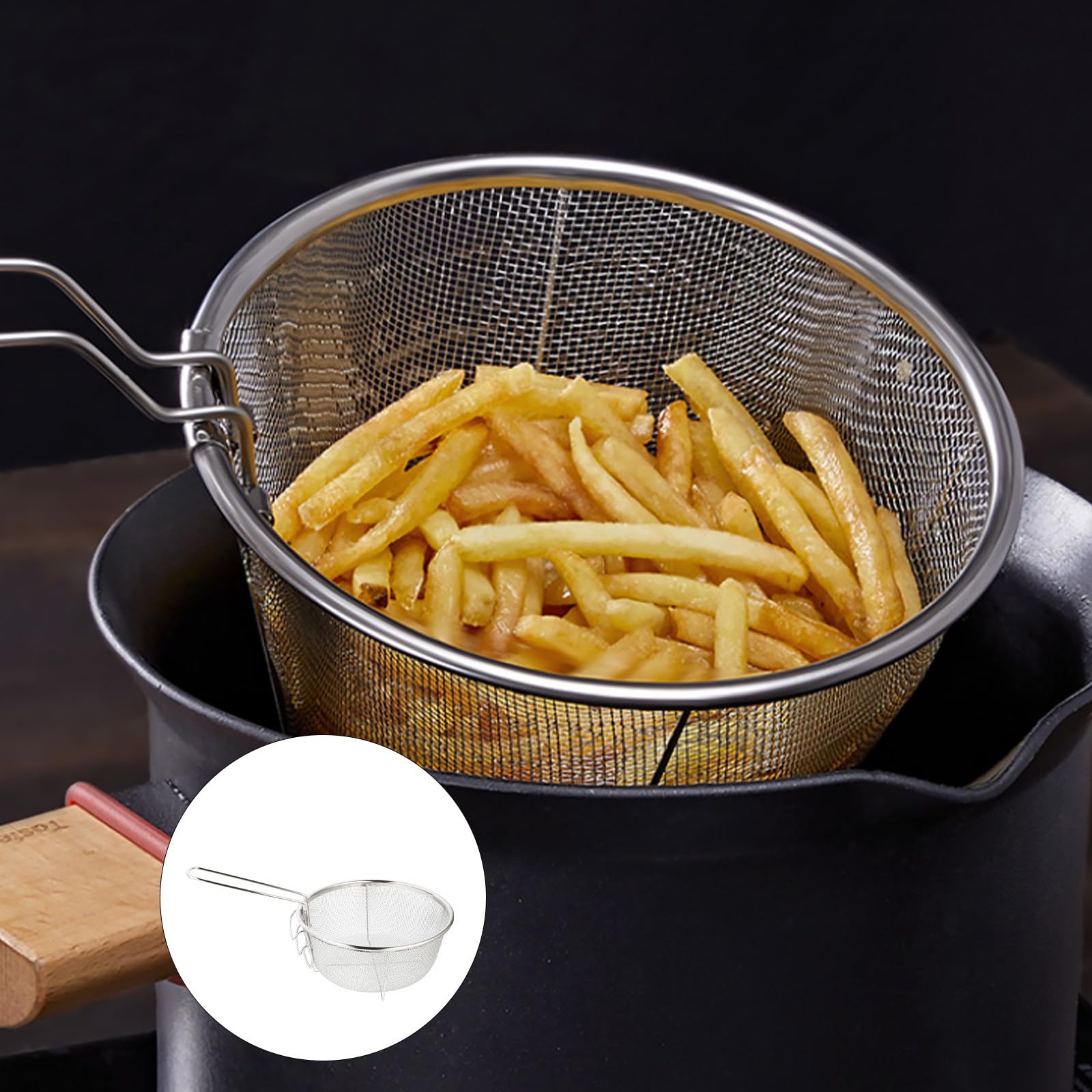 Stainless Steel Round Wire Fry Basket - Heavy Duty Mesh Skimmer Strainer for French Fries, Chicken, and More | Perfect for Deep Frying, Dish Draining & Kitchen Use
