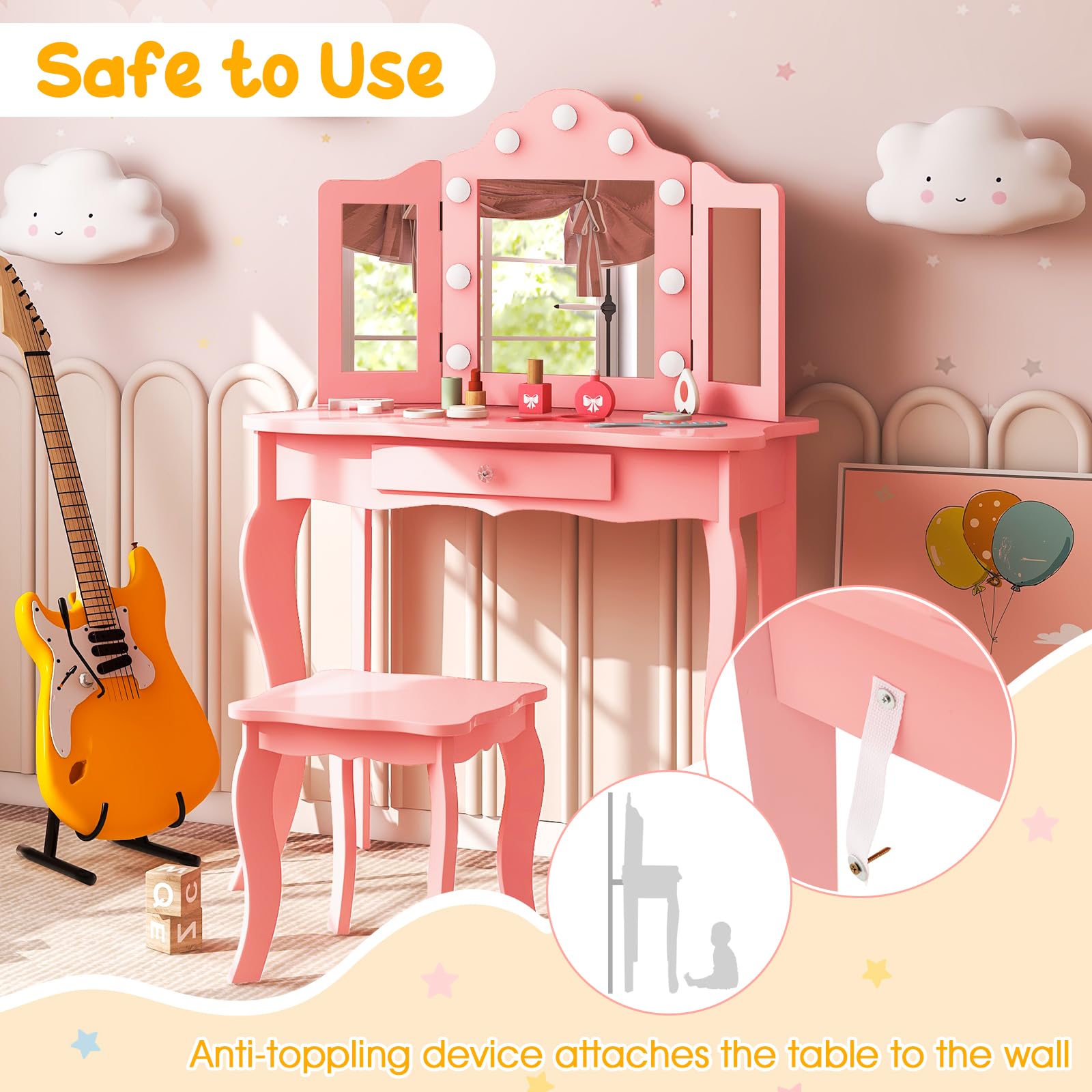 Costzon Kids Vanity Set with Mirror, Stool & Lights - Pink Wooden Princess Makeup Dressing Table with Drawer, 2-in-1 Toddler Vanity for Girls - Pretend Play, Birthday Gift & Bedroom Decor (Pink)