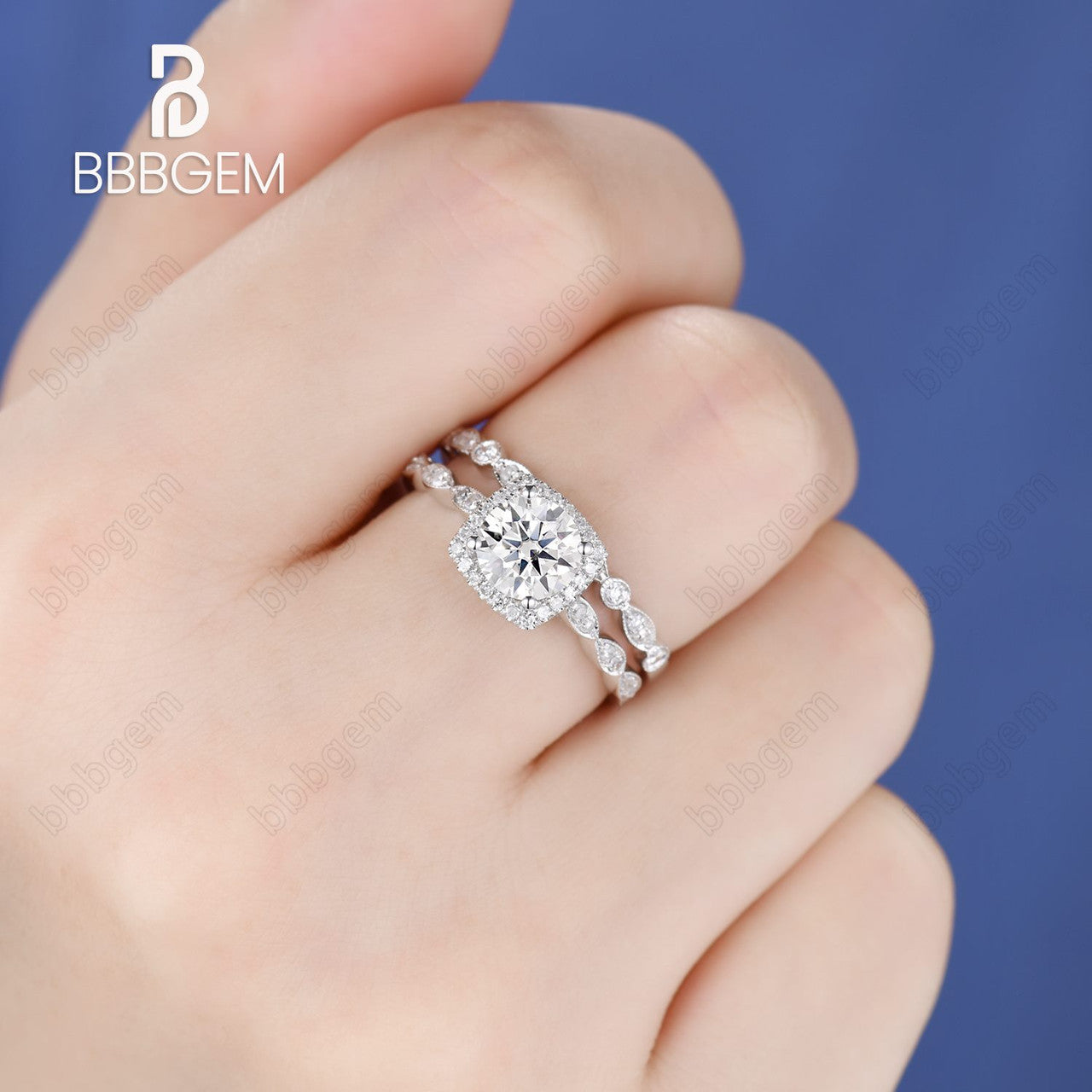 Art Deco Moissanite Engagement Ring Set with 6.5mm Round Cut & Cushion Diamond Halo - 14k White Gold Marquise Wedding Band for Women | Perfect for Proposals, Anniversaries & Bridal Jewelry