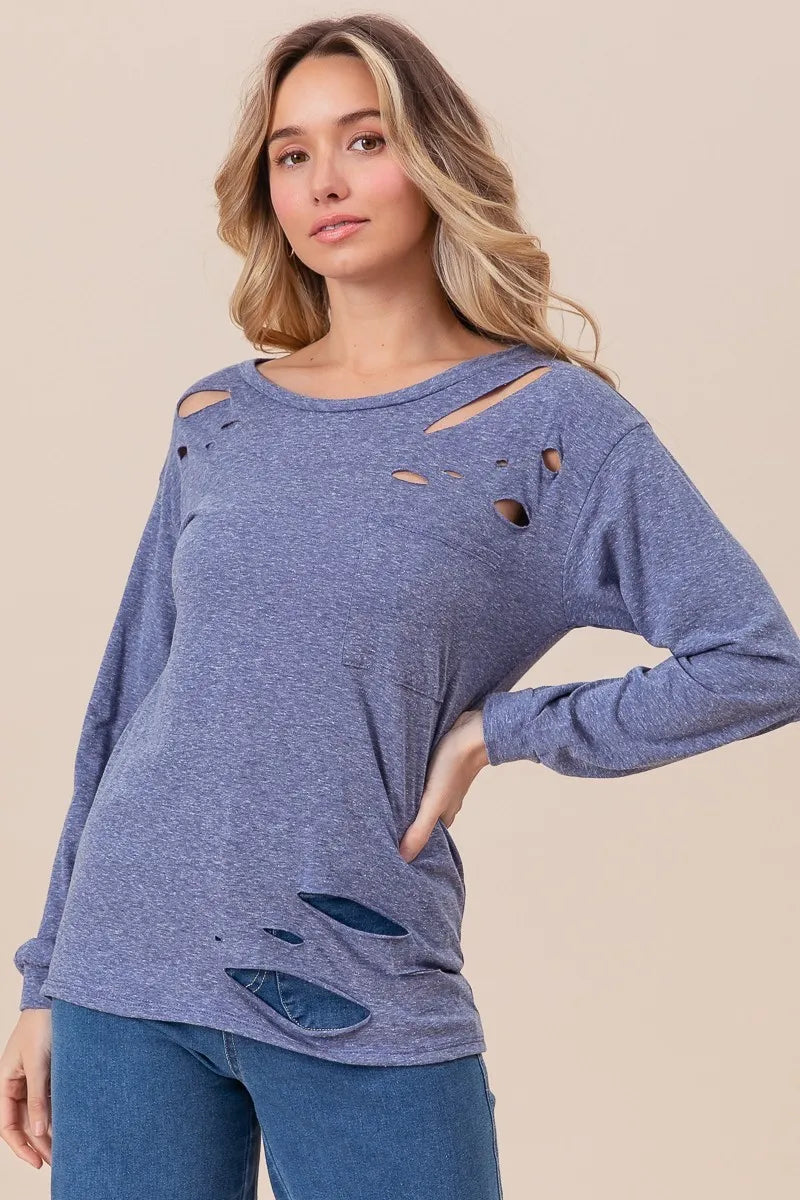 BiBi Triblend Laser Cut Detailed T-Shirt for Women - Soft Comfort Fit Casual Tee for Everyday Wear, Outings & Street Style Fashion