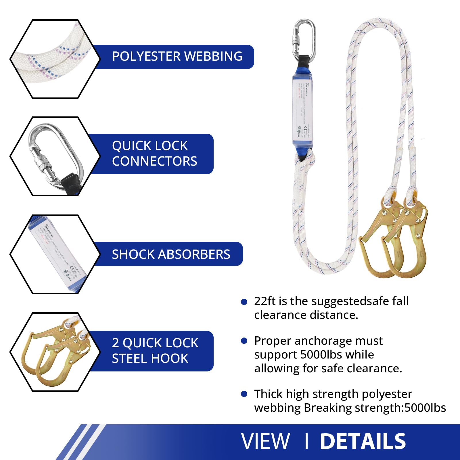 TRSMIMA Full Body Safety Harness with Lanyard - OSHA Compliant Fall Protection for Roofing & Construction Work | Heavy Duty 4 Quick Buckle System | Ideal for Roofers, Construction Workers & Industrial Use