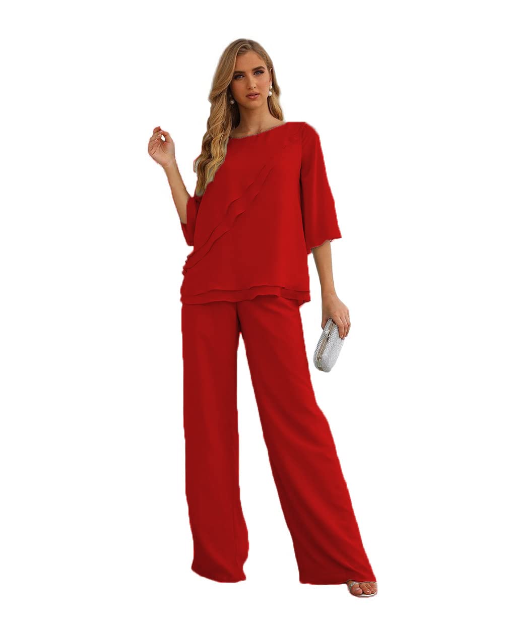 Elegant Women's 2-Piece Chiffon Half-Sleeve Pant Suit Set for Mother of The Bride & Wedding Guests - Perfect for Formal Occasions, Bridal Showers & Special Events