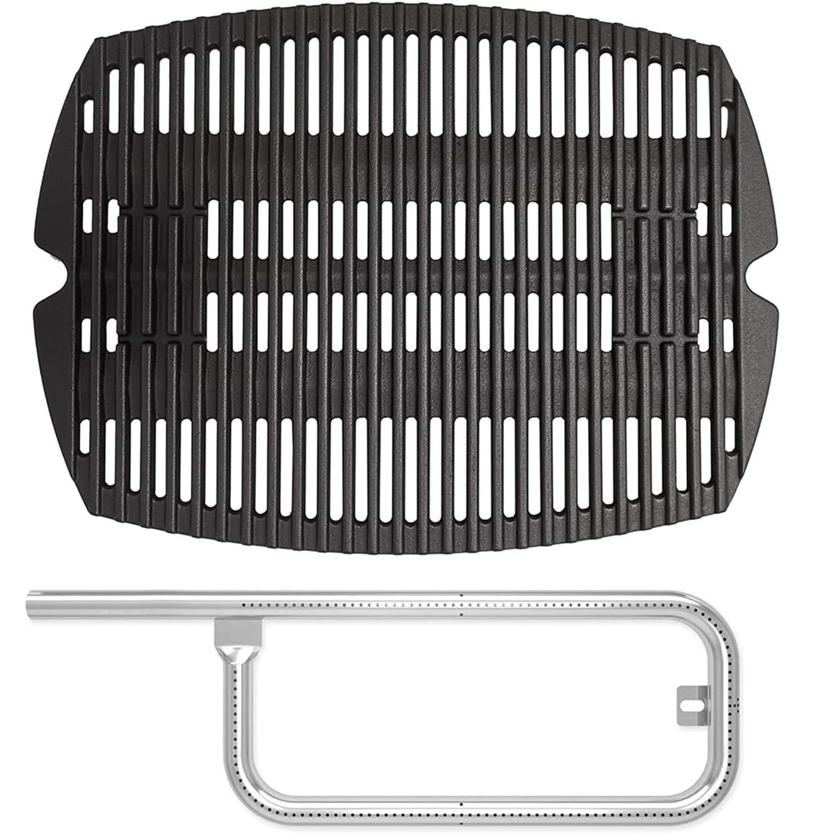 SafBbcue 7644/7582 Cast Iron Cooking Grates & 60040 Grill Burner Tube Kit - Compatible with Weber Q1200, Q100, Q120, Q1000, 50060001, 386001, 86002, 516001 Grills - Replacement Grids & Grates for Baby Q Gas Grill (17 Inch) - Perfect for Outdoor BBQ, Camping, and Backyard Cooking