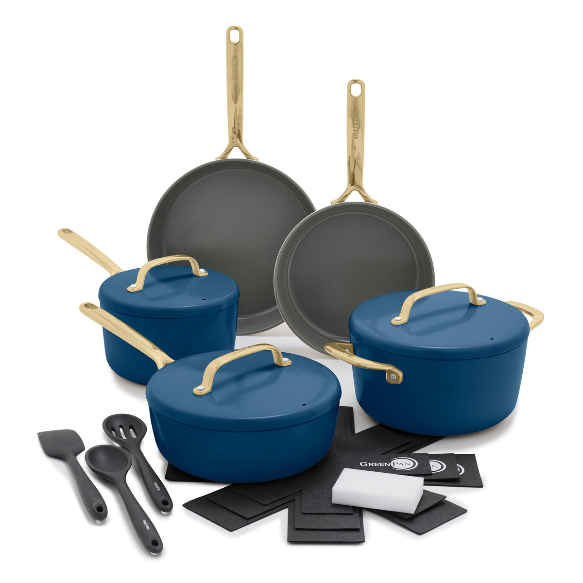 Premium GP5 Colors Ceramic Nonstick 11-Piece Cookware Set with Champagne Gold Handles | Marine Blue | Oven & Dishwasher Safe for Everyday Cooking & Entertaining