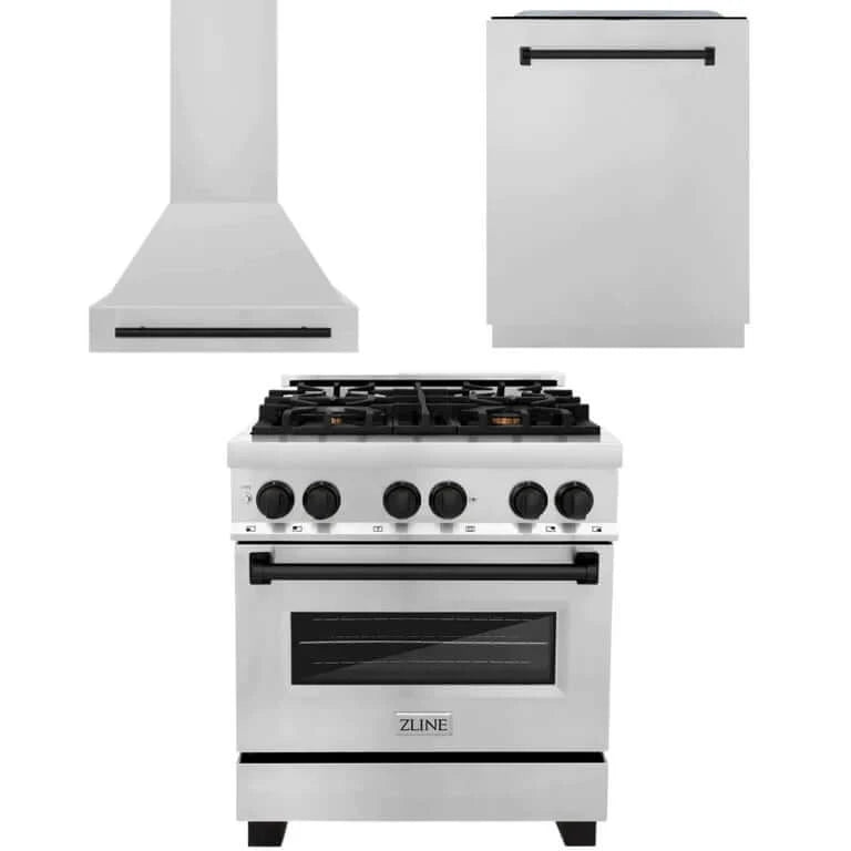 ZLINE Autograph Edition 30-inch Stainless Steel Dual Fuel Range, Range Hood & Dishwasher Kitchen Package with Matte Black Accents - Professional Cooking, Modern Kitchen Upgrade, Perfect for Home Chefs & Entertaining