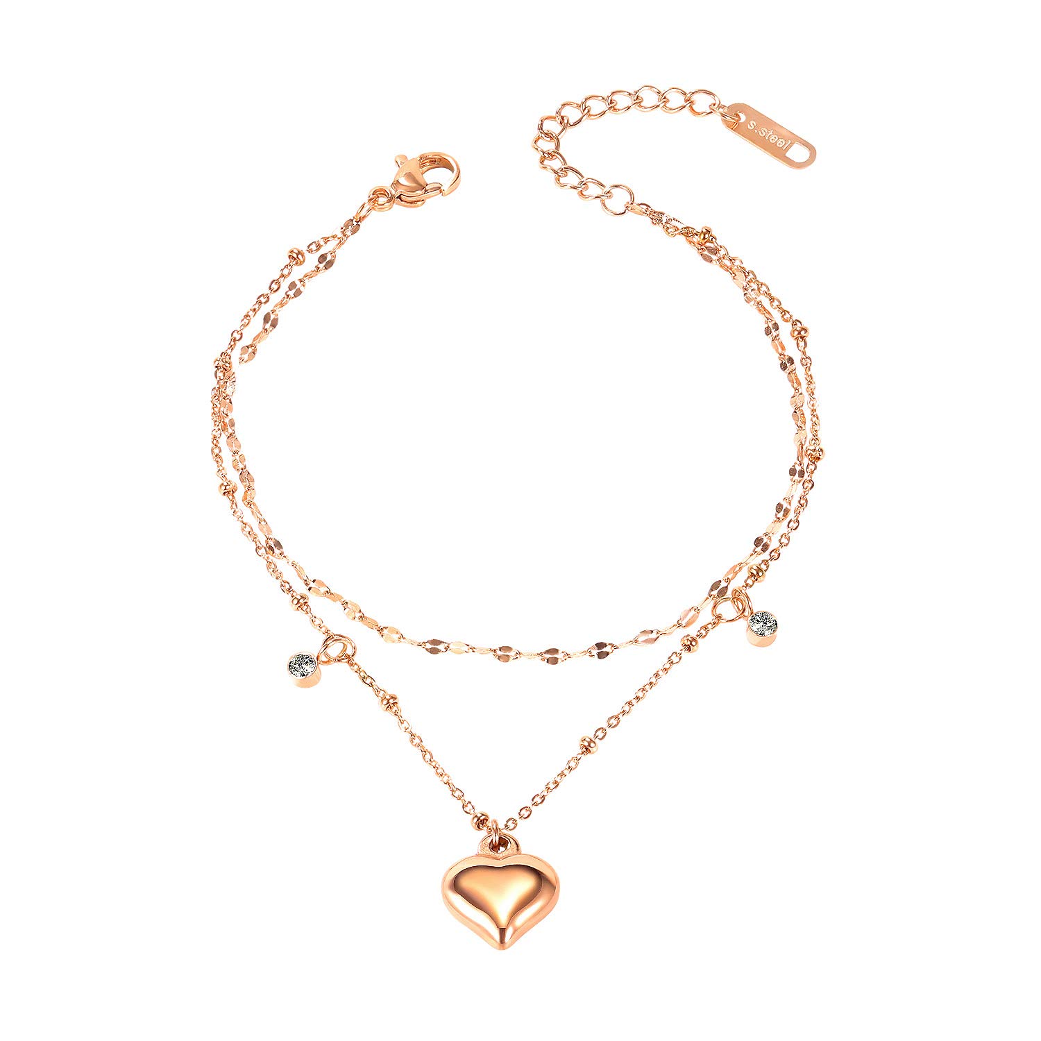 Silver Rose Gold CZ Crystal Layered Anklet Chain for Women & Girls - Stainless Steel Heart Charm Adjustable Ankle Bracelet - Dainty Beach Foot Jewelry for Summer Vacation & Boho Fashion