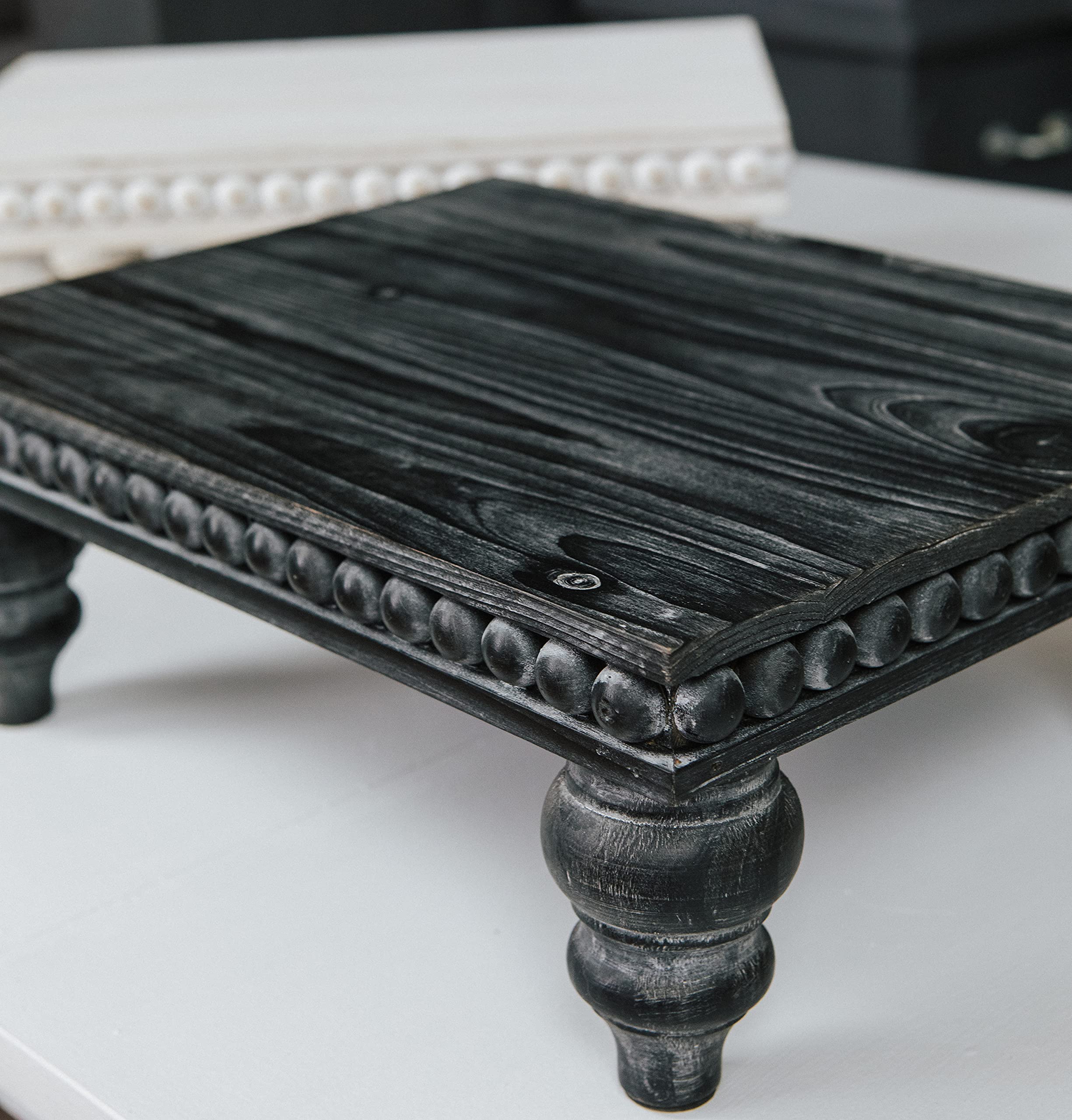 Rustic Wood Beaded Pedestal Tray Decor Riser Set - Kitchen Counter Organizer, Coffee Bar Table Display, Plant Stand with Black Woodgrain Finish | Perfect for Farmhouse Decor, Dining Table Centerpiece, and Bathroom Storage