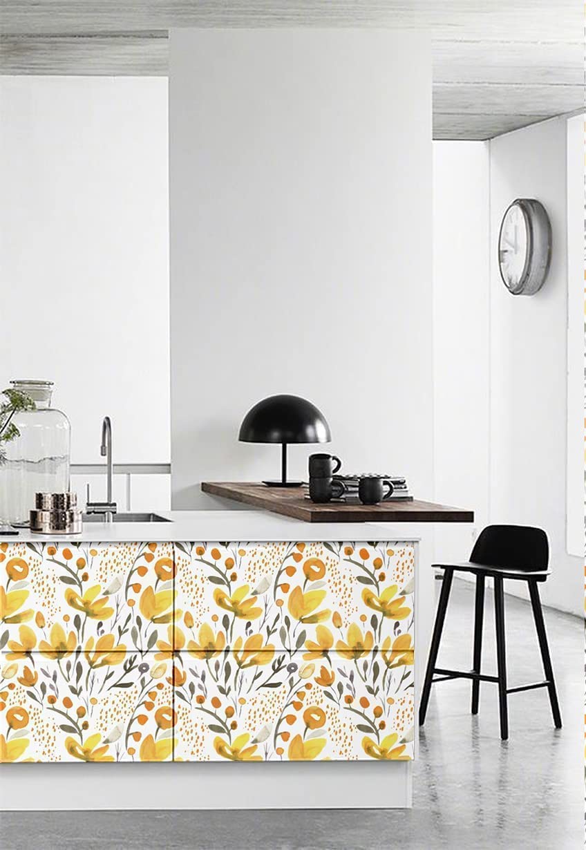 Yellow Floral Kapok Shelf Liner - Peel & Stick Drawer Sticker for Cabinets & Furniture, 17.7x9.8 ft - Perfect for Kitchen & Bathroom Organization