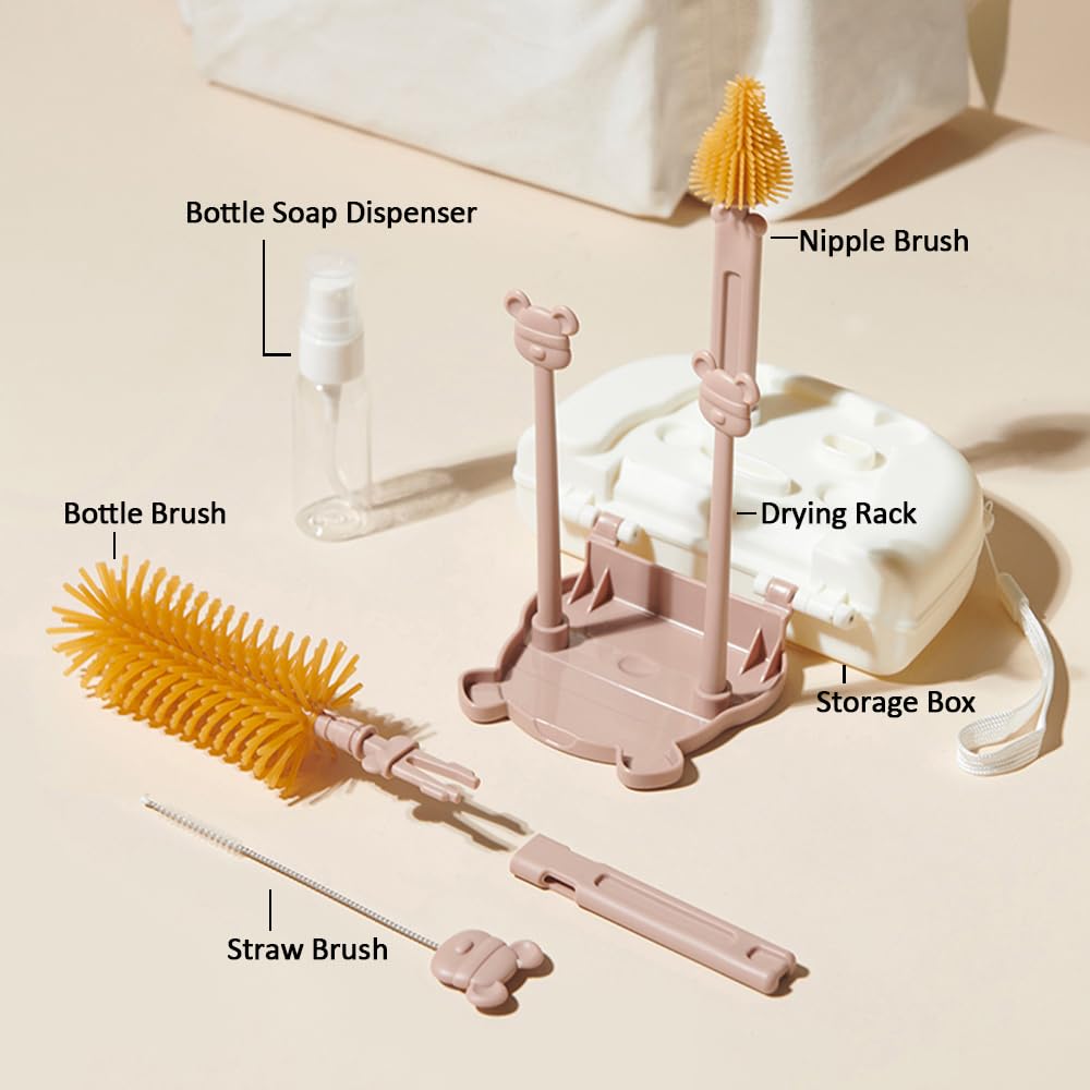 6-in-1 Baby Bottle Drying Rack & Cleaning Set with Silicone Brushes, Soap Dispenser & Storage Box - Perfect for Sterilizing, Drying and Organizing Baby Bottles, Pacifiers and Breast Pump Parts (Brown)