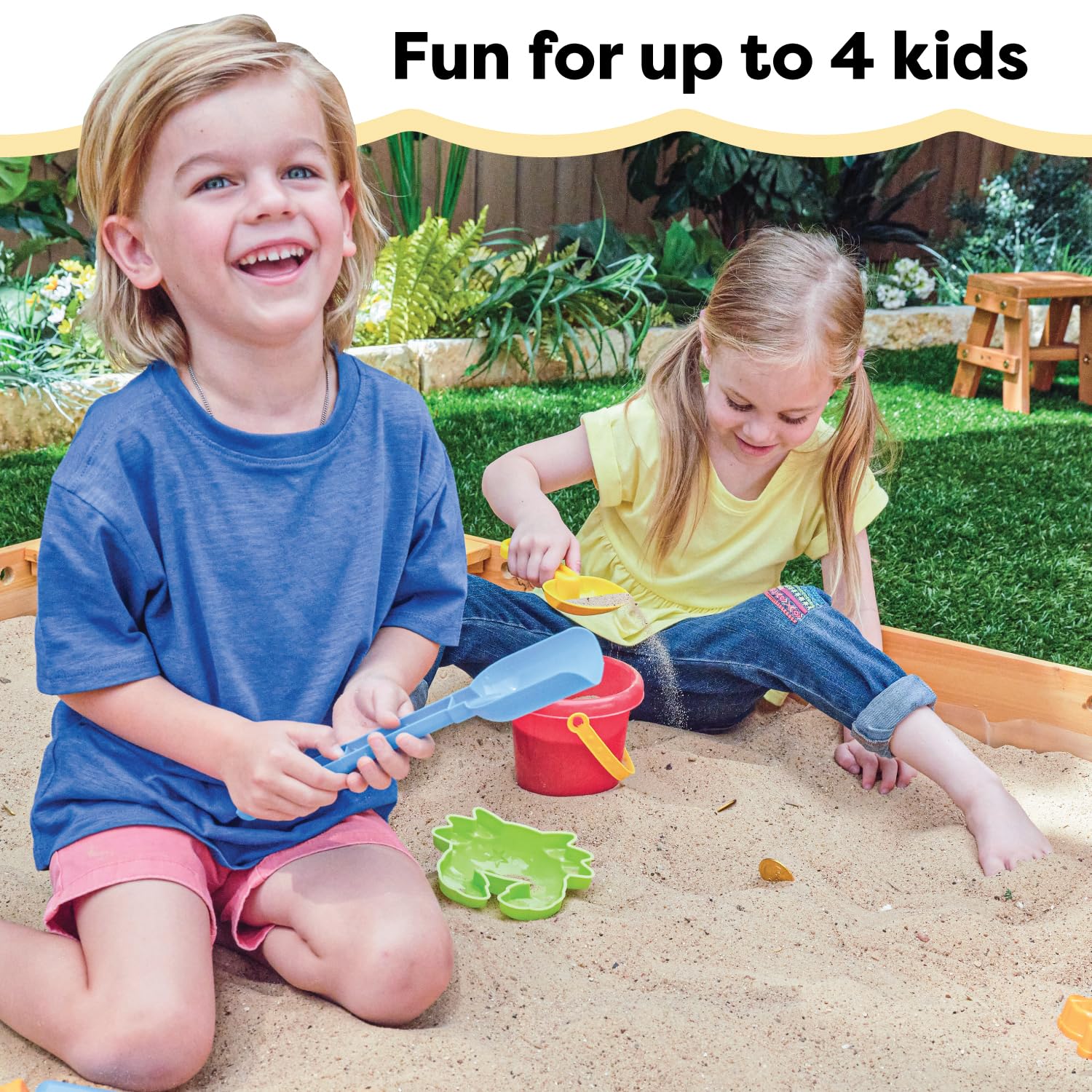 KidKraft Wooden Backyard Sandbox with Built-in Corner Seating & Mesh Cover - Outdoor Playhouse for Kids Ages 2-8, Natural Honey Finish - Perfect for Backyard Play, Sandcastle Building & Outdoor Fun