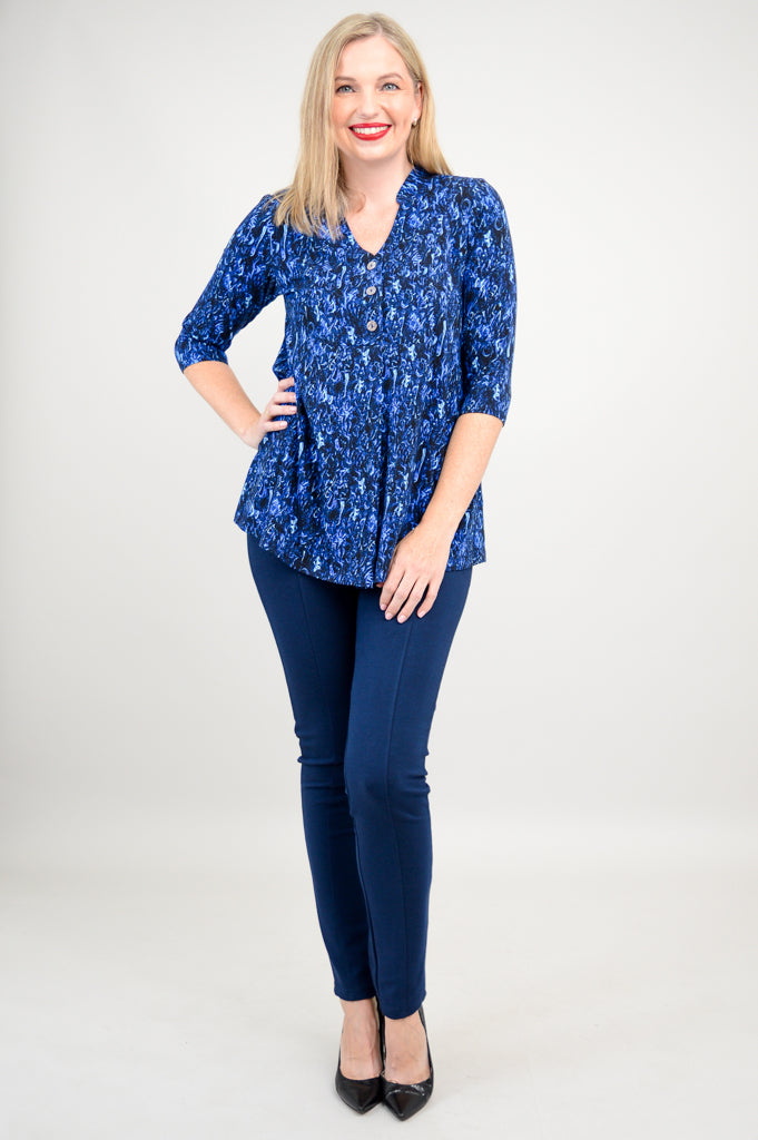 Edwina Women's Deepwater Blue Bamboo V-Neck Top - Soft & Breathable Casual Shirt for Summer, Work, and Travel