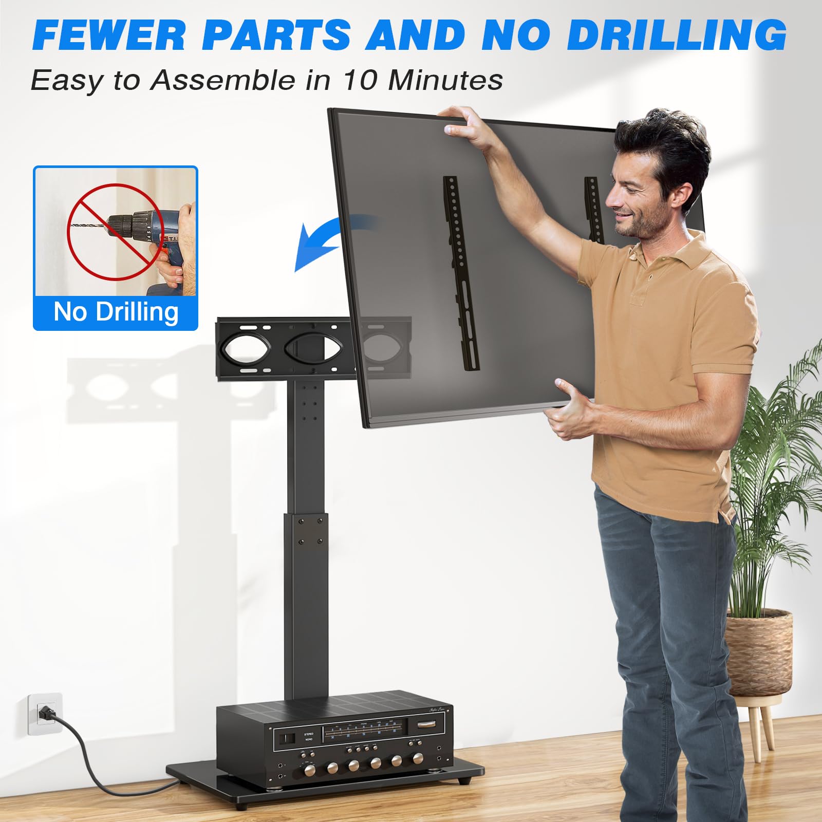Rfiver Reinforced Floor TV Stand with Power Outlet & Mount for 32-70 Inch TVs (Up to 110 lbs) - Height Adjustable Swivel TV Stand with Space Saving Design - Perfect for Bedroom, Living Room, Dorm, or Office Entertainment Setup