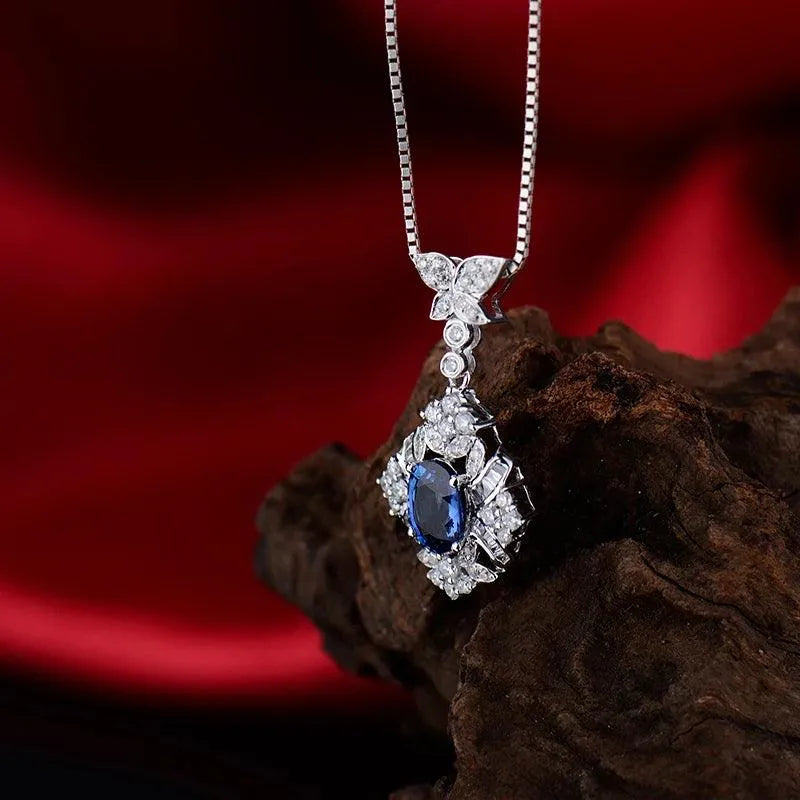 18K White Gold Blue Sapphire Pendant Necklace for Women - Real Natural Sapphire & Diamond Jewelry Gift for Anniversary, Birthday & Special Occasions