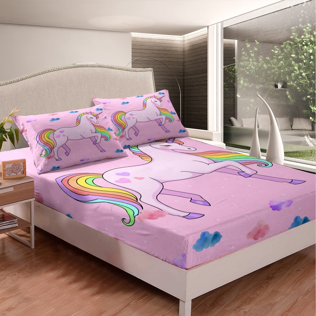 Rainbow Unicorn Fitted Sheet Twin Size - Pastel Pink Kawaii Bedding Set for Girls | Cute Cartoon Magical Animal Bed Sheets | Dreamy Horse Princess Room Decor | Perfect for Kids' Bedroom, Sleepovers & Themed Parties