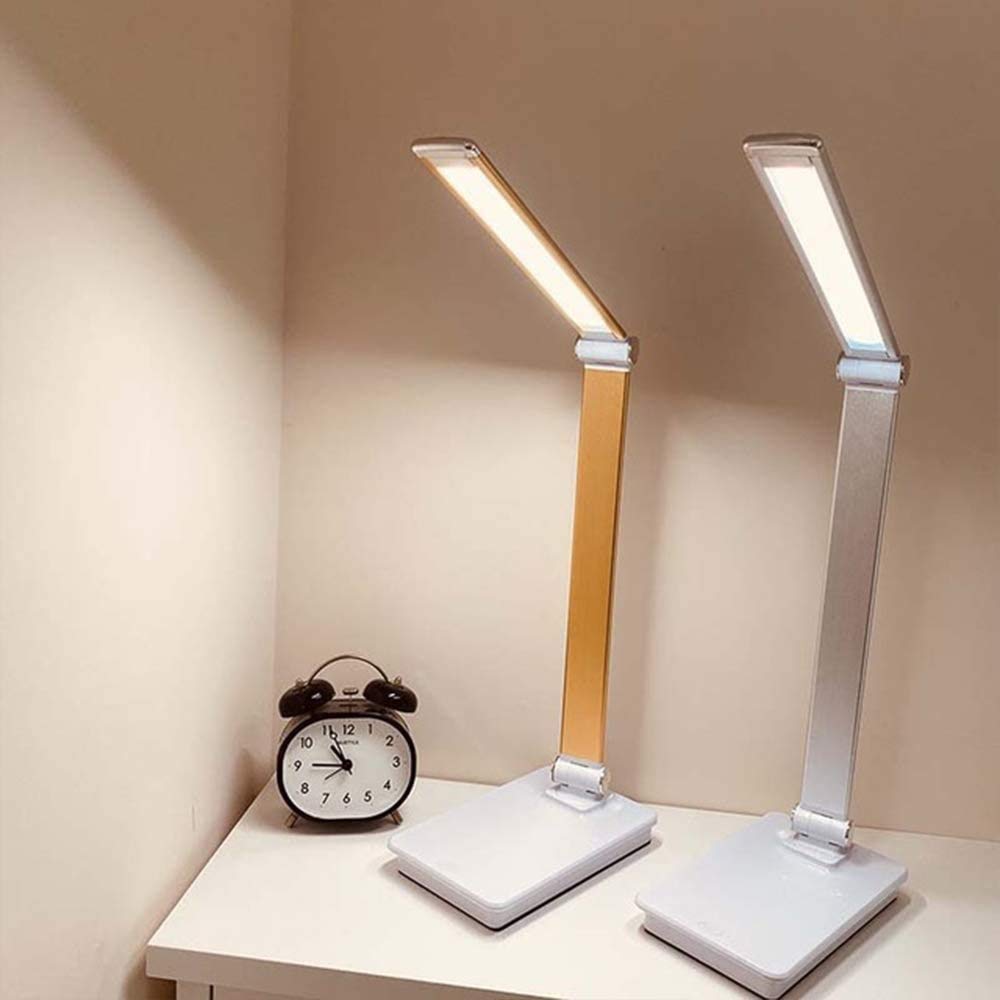 LED Eye-Caring Desk Lamp with USB Port & Stepless Dimming - Adjustable Silver Stainless Steel Bracket - Touch Control Table Light for Study, Reading, Office Work and Bedroom Use - Perfect for Night Reading, Home Office Setup and Dorm Room Lighting