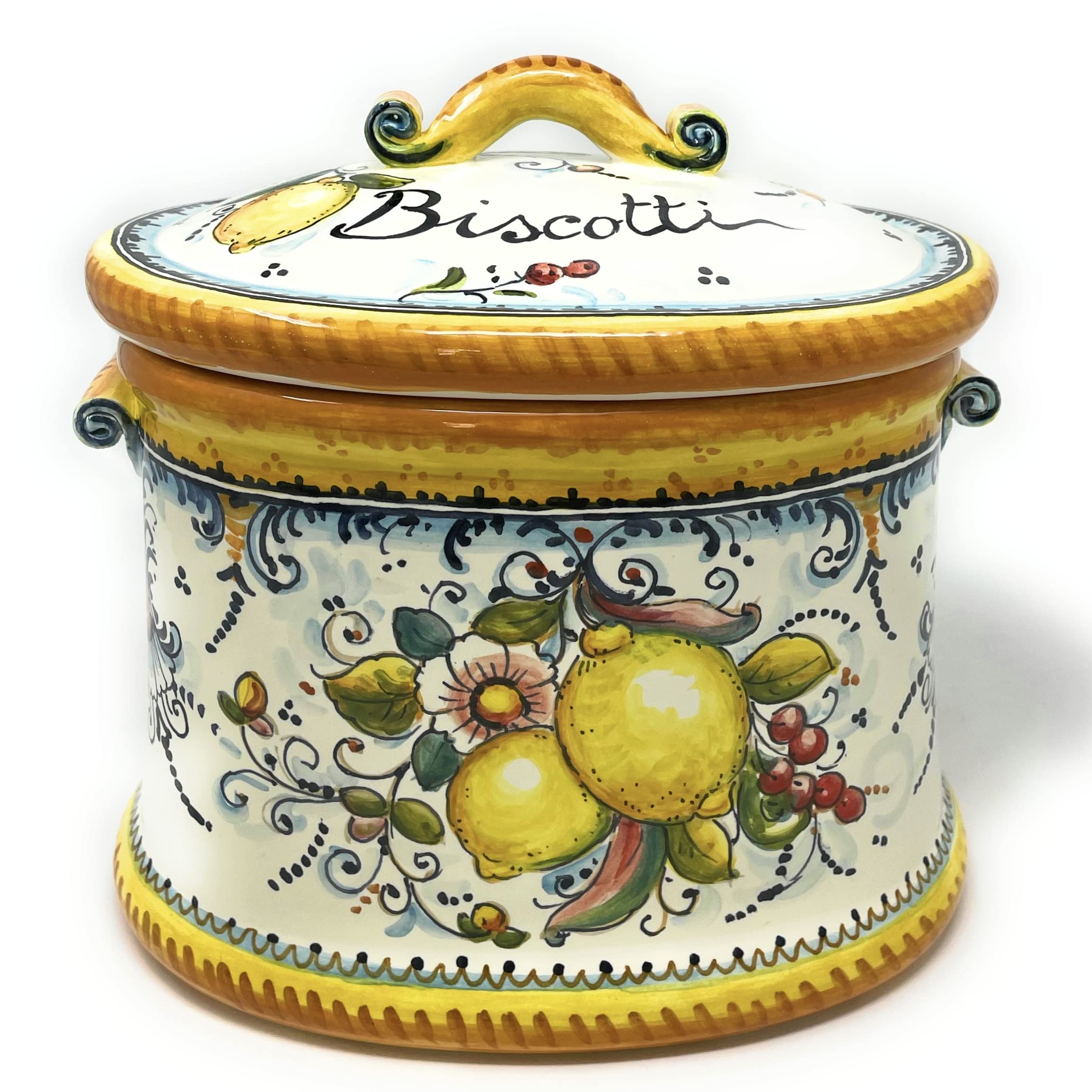 Italian Ceramic Biscuit Cookies Jar - Hand Painted Tuscan Art Pottery from Florence, Italy | Perfect for Kitchen Storage & Home Decor