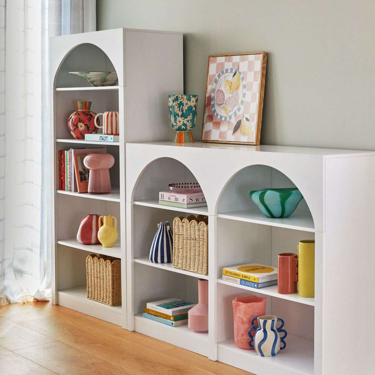 Santorini Low Arched Bookcase - White Wooden Bookshelf for Living Room, Bedroom & Office Storage | Modern Home Decor Furniture