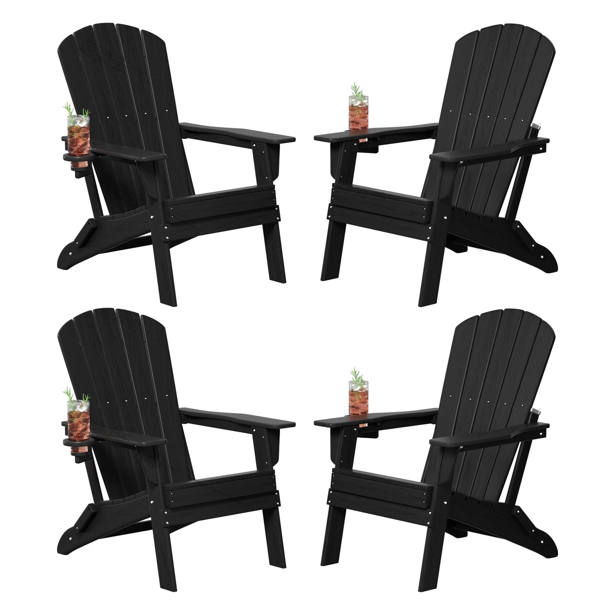 4-Piece Folding Adirondack Chair Set with Cup Holders - Heavy Duty All-Weather HDPE, Wooden Textured Design - Perfect for Poolside, Backyard, Patio, and Lawn Relaxation in Black
