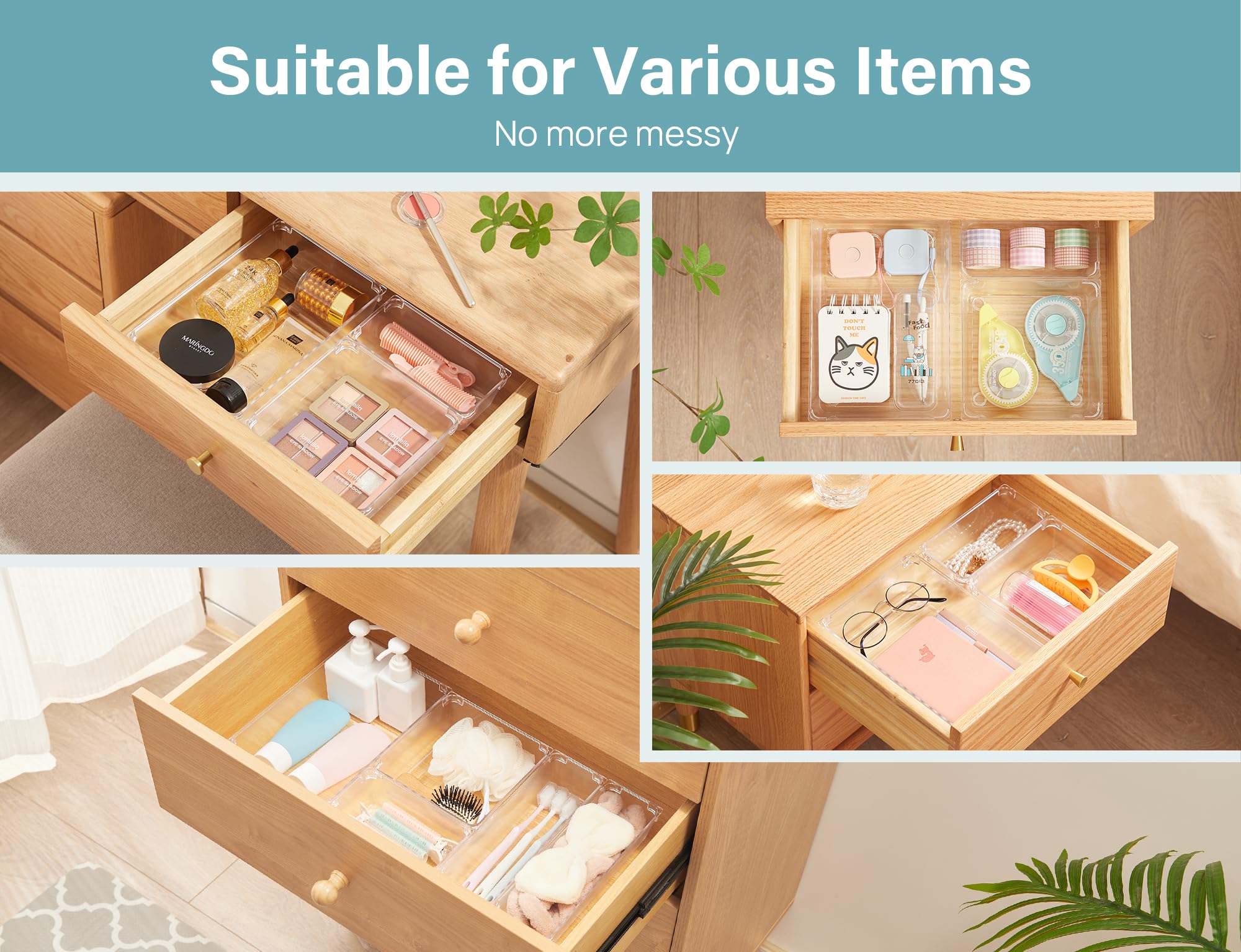Kootek 9-Piece Plastic Drawer Organizer & 8-Piece Bamboo Drawer Organizer Set - Perfect for Kitchen, Bathroom, Office & Bedroom Storage Organization