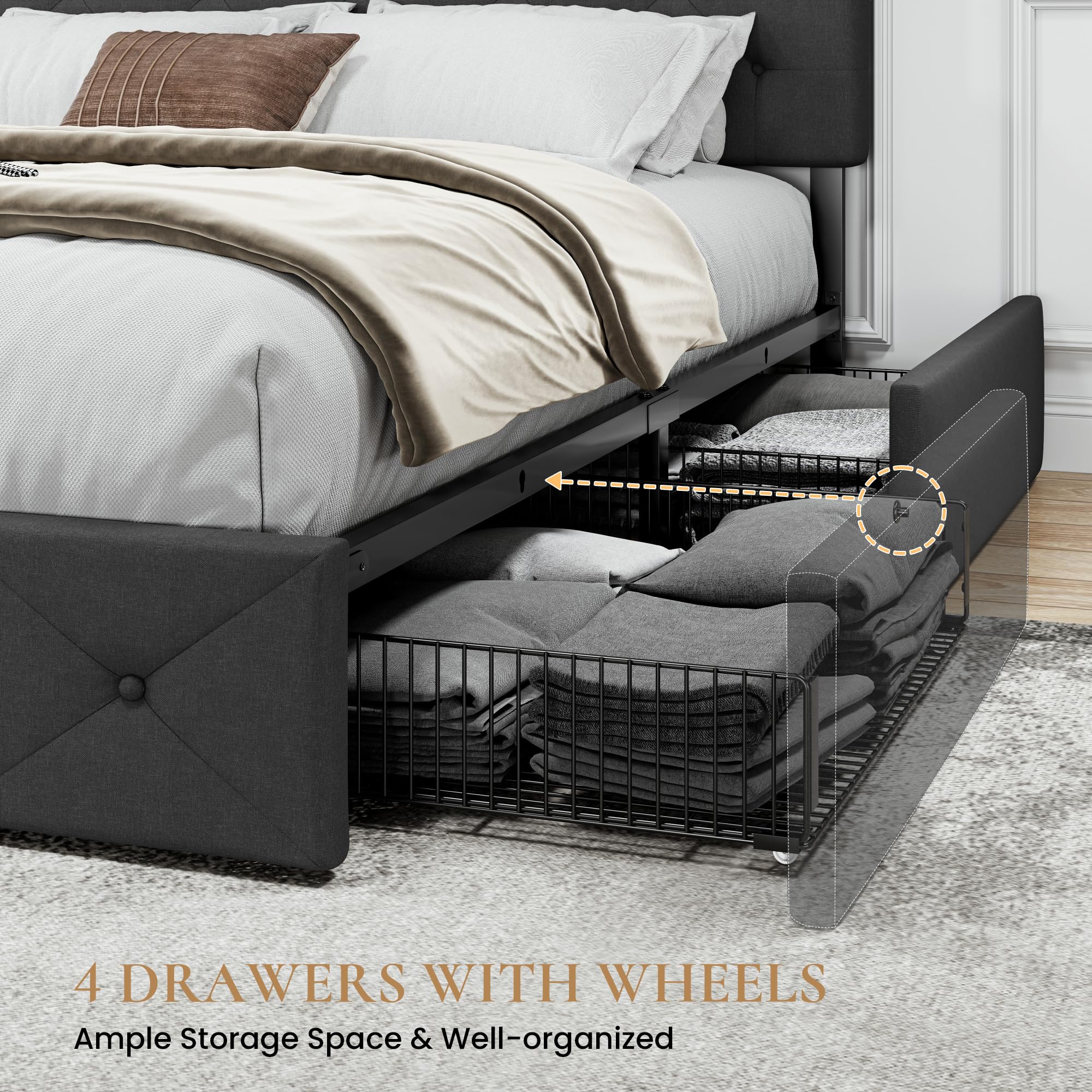 SHA CERLIN Upholstered Queen Size Platform Bed Frame with 4 Storage Drawers - Adjustable Diamond Stitched Headboard, Wooden Slat Support, No Box Spring Needed - Dark Grey Modern Bedroom Furniture for Small Space & Storage Solutions