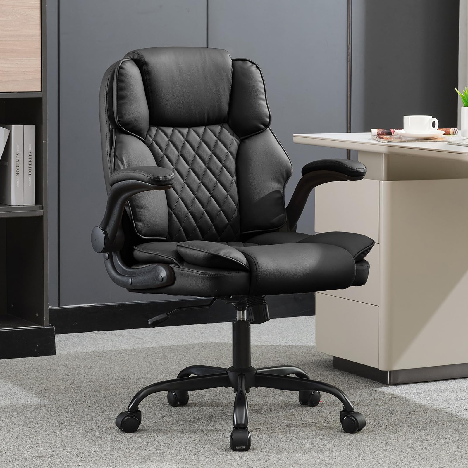 Premium Ergonomic Office Chair - Adjustable Mid Back Executive Leather Chair with Flip-Up Arms & Rocking Function for Home Office, Conference Room & Gaming (Black)