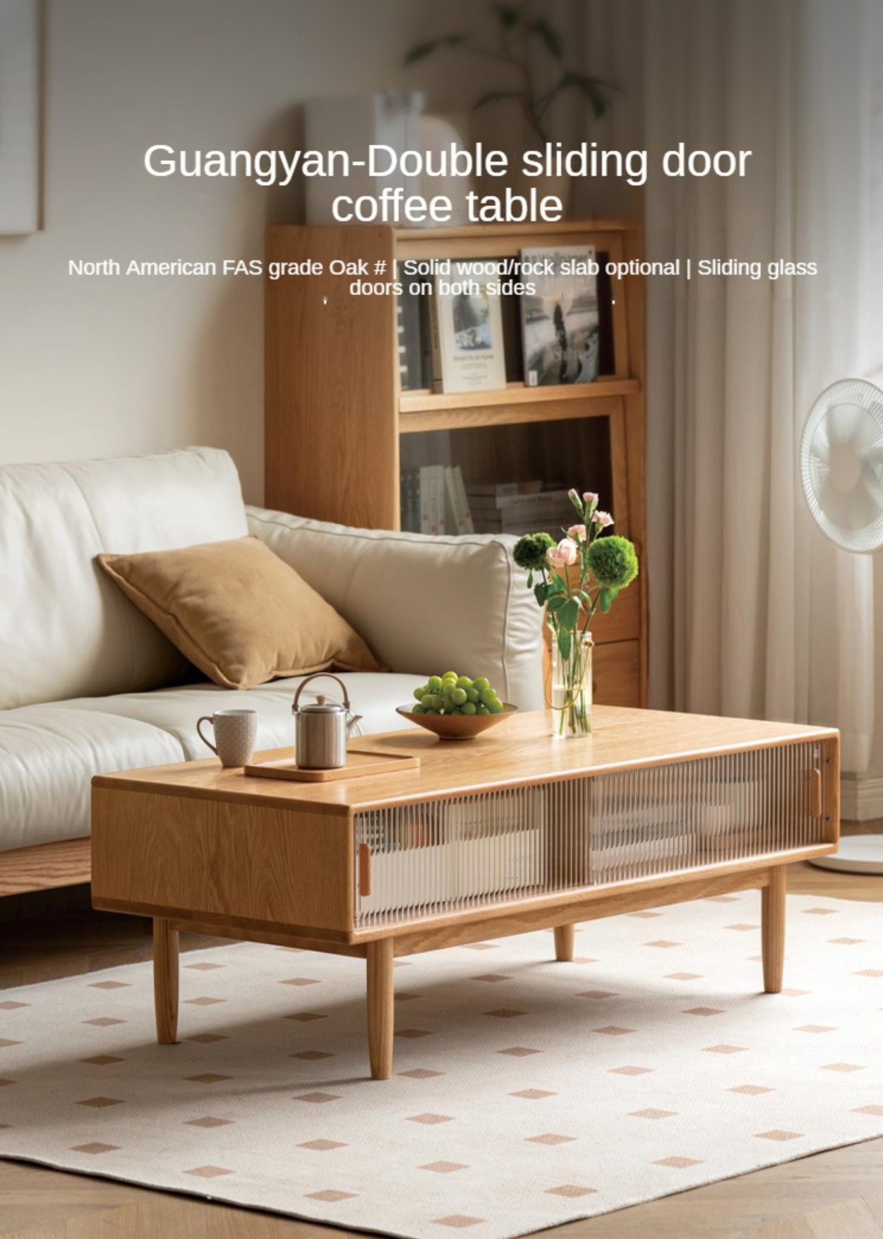 Solid Oak and Beech Wood Coffee Table with Glass Doors - Modern Living Room Furniture for Home Decor and Entertainment