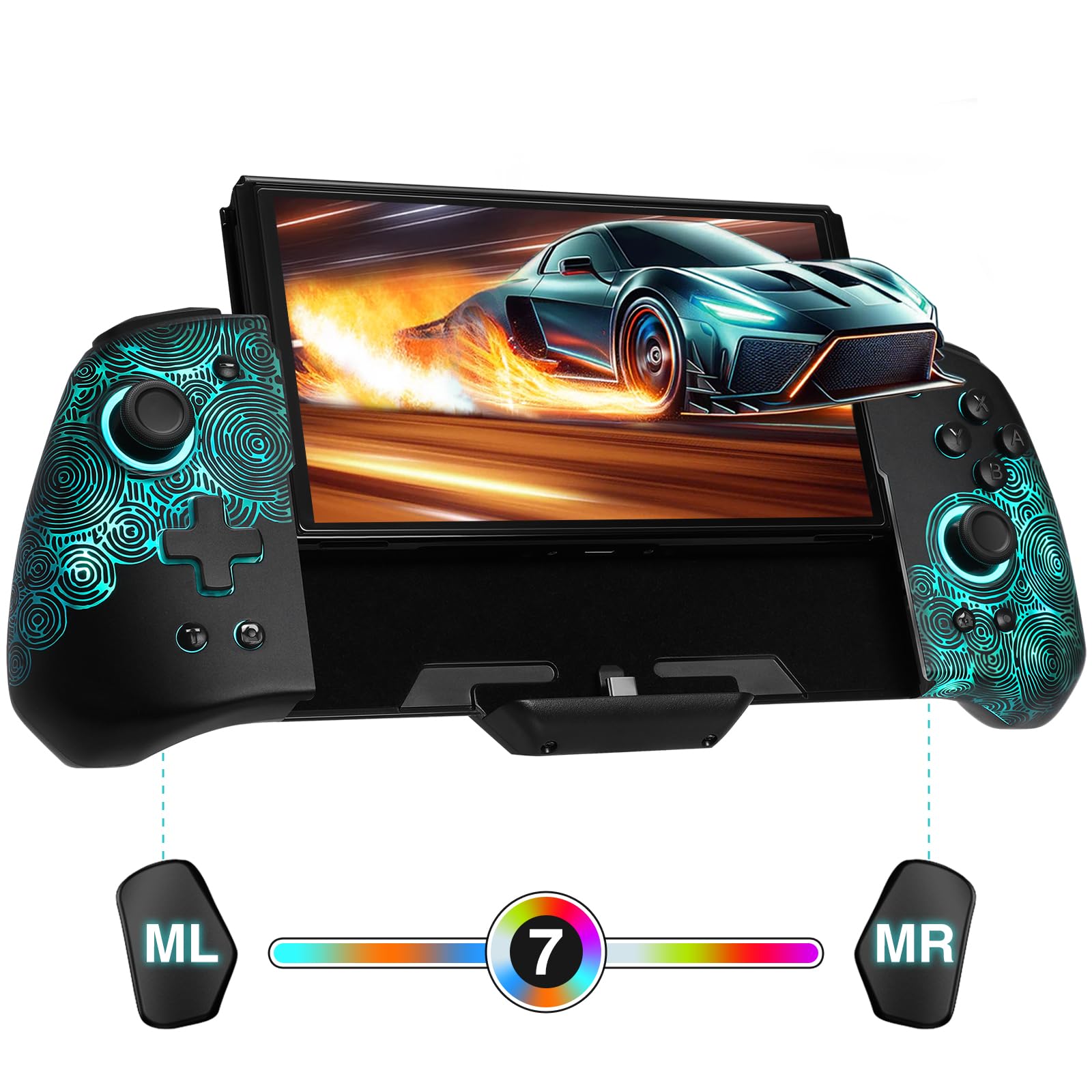 PALPOW Luminous LED Switch Controller for Nintendo Switch/OLED - 7 Color LED, Turbo, Button Mapping - Compatible with Switch & OLED Models - Replacement One-Piece Joypad - Perfect for Gaming at Night or Low Light Conditions