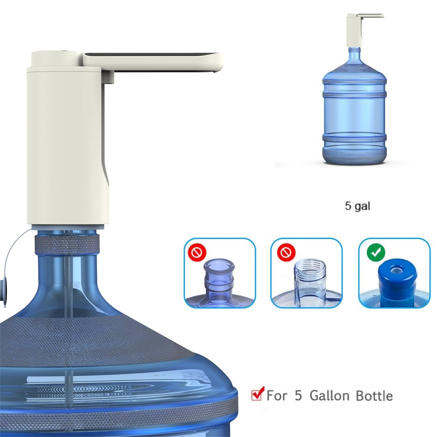 5 Gallon Water Bottle Pump - Universal Rechargeable Automatic Dispenser for 2-5 Gallon Jugs with 3 Modes, Foldable Spout, White | Home, Office & Camping Water Dispenser Solution