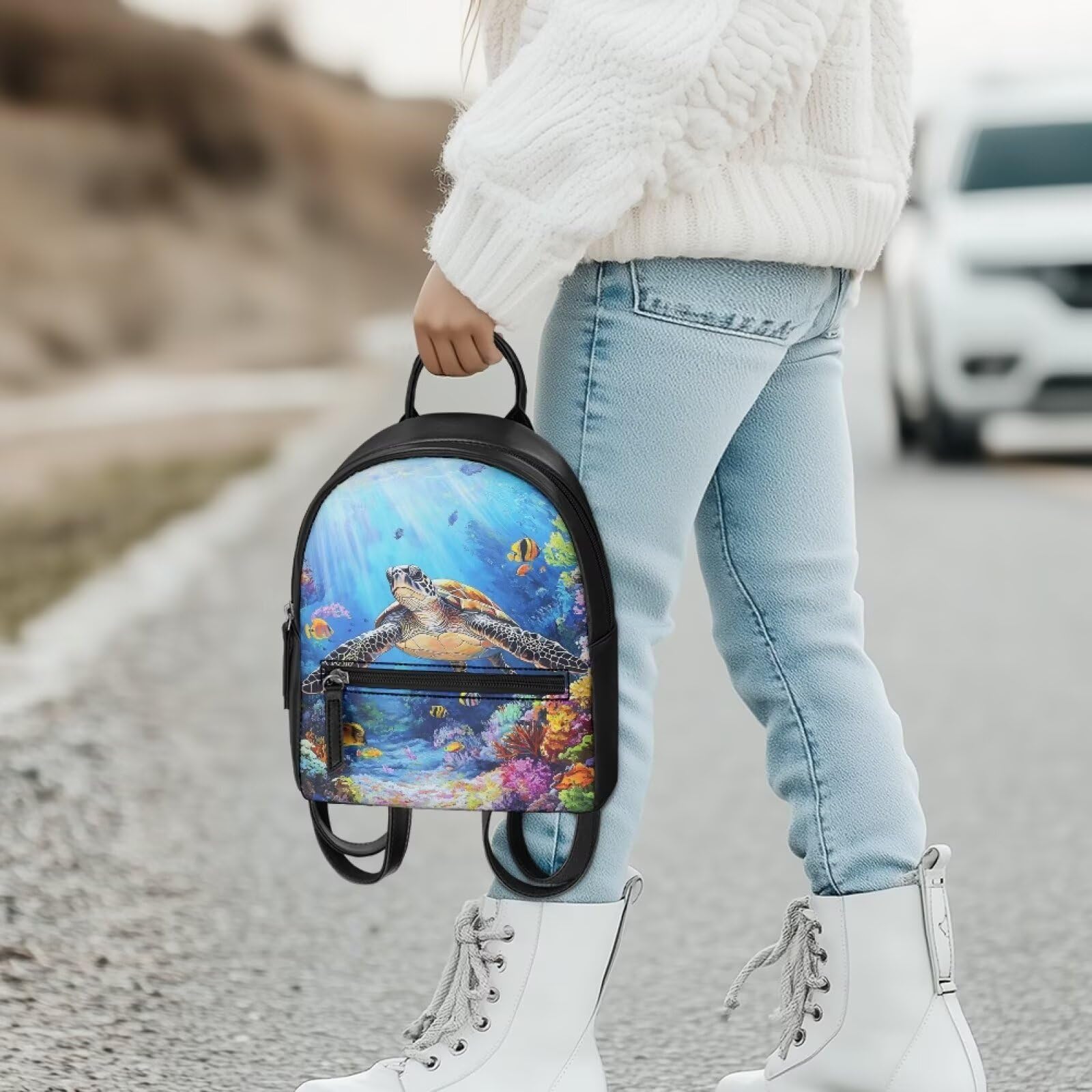 HUGS IDEA 3D Sea Turtle Mini Backpack for Women - Fashion Leather Backpack with Adjustable Strap, Lightweight Waterproof Daypack for Travel, Shopping, Hiking & School - Perfect for Beach Outings and Daily Commute