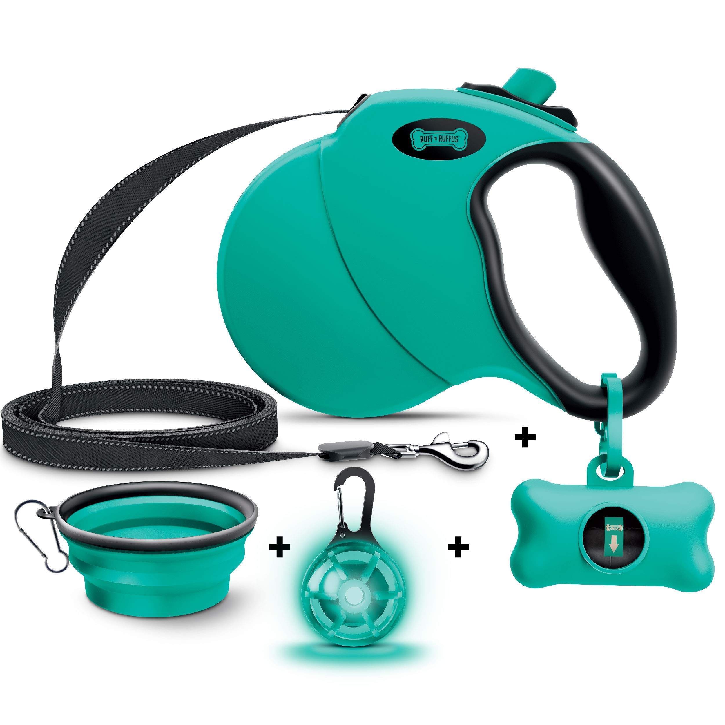 Ruff 'N Ruffus 360° Tangle-Free 16 ft Retractable Dog Leash with Travel Bowl, Waste Bag Dispenser & 15 Bags, LED Charm | Reflective, Anti-Slip Handle for Walking, Jogging & Nighttime Safety