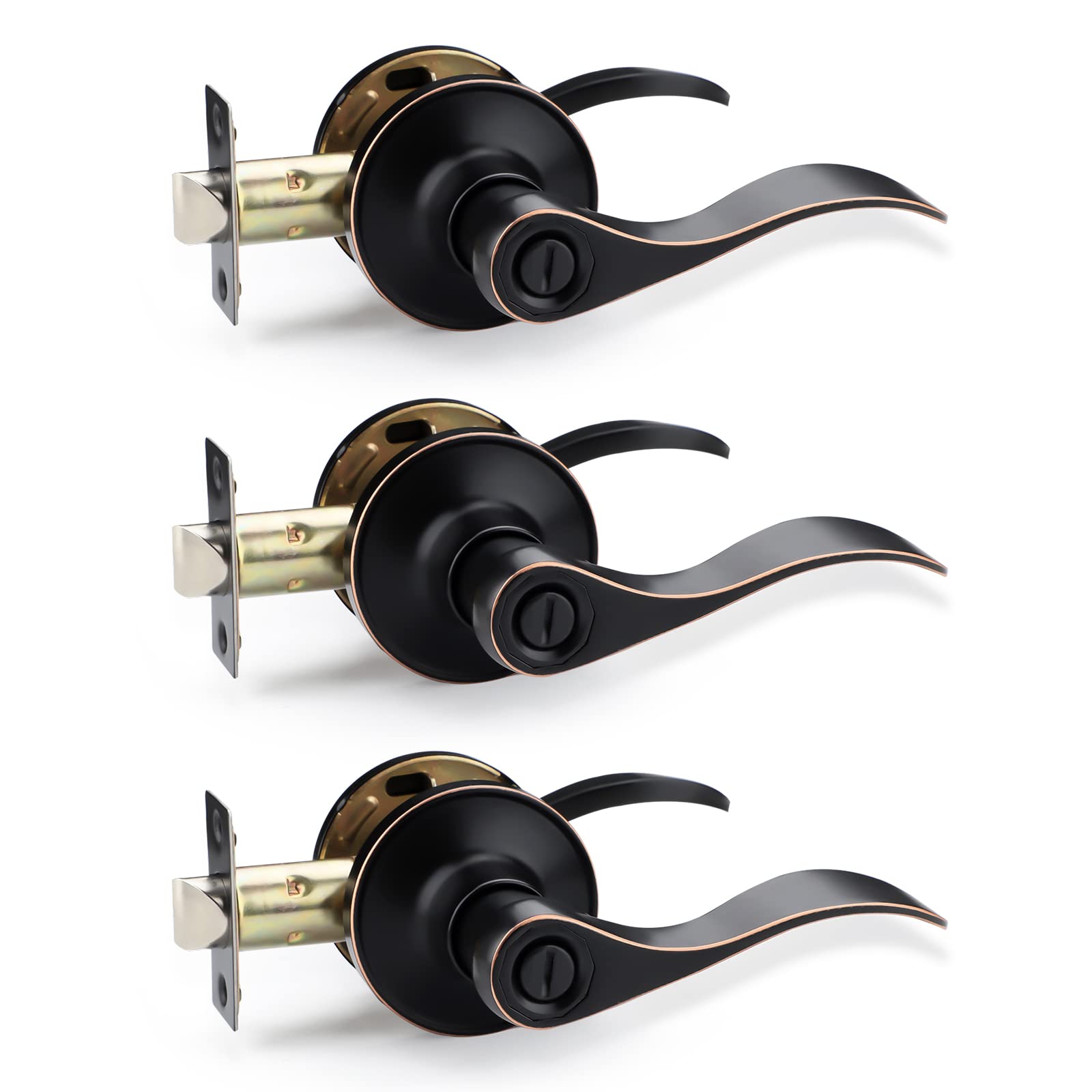 Infun 3 Pack Oil Rubbed Bronze Door Levers - Keyless Privacy Door Lockset for Bedroom & Bathroom, Elegant Wave Handle Design - Perfect for Home Interior, Office, and Rental Properties (Lock from Inside)