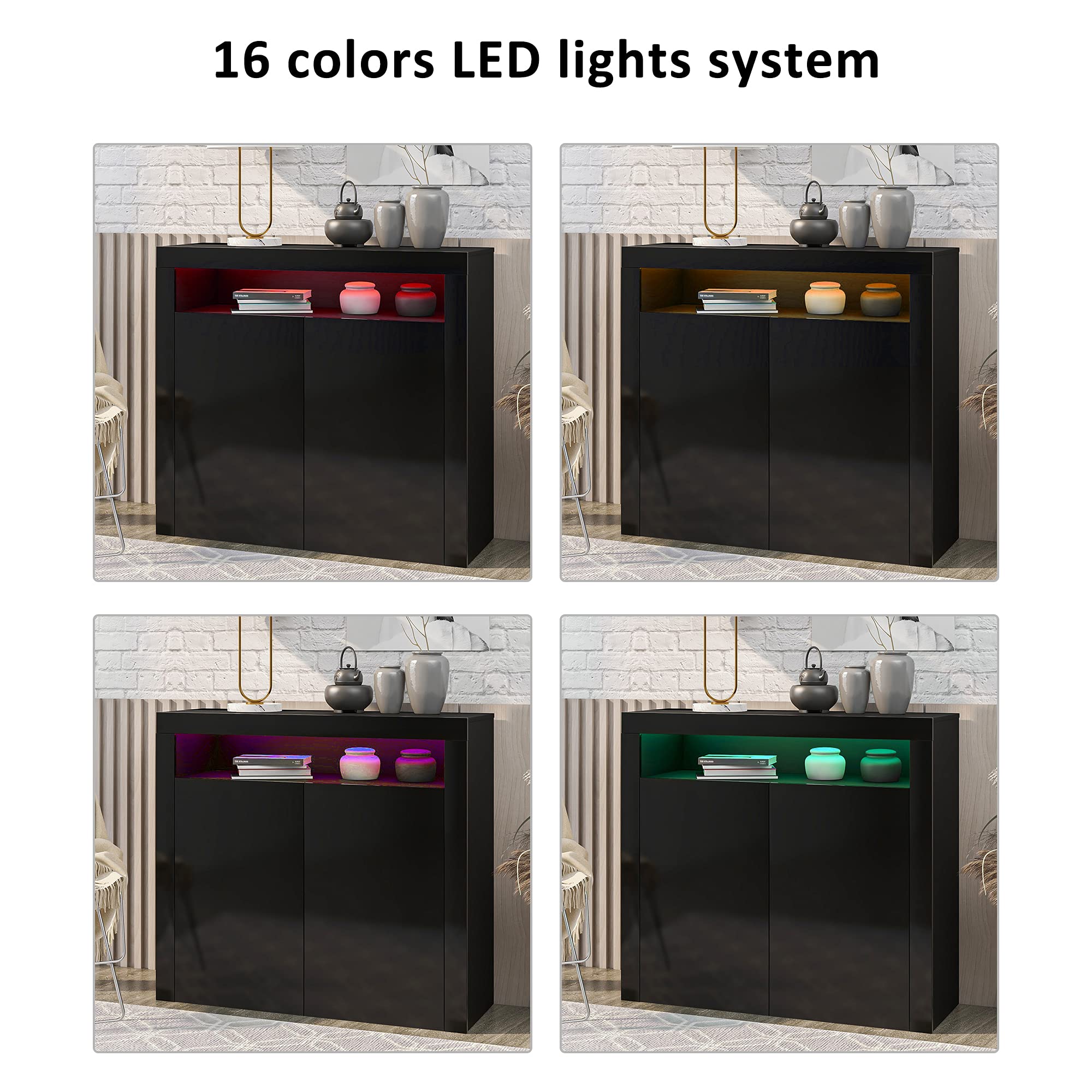 Modern High Gloss LED Sideboard with Remote Control - Wooden Buffet Storage Cabinet with Display Shelf for Kitchen, Dining Room & Living Room - Perfect for Home Decor, Entertaining & Stylish Storage (Black)