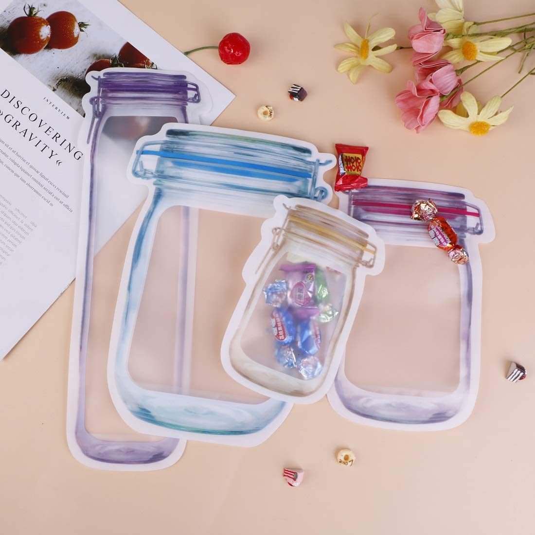 40 Pcs Reusable Mason Jar Ziplock Bags - Airtight Food Storage Bags for Freshness | Leakproof Kitchen Organizer | Perfect for Meal Prep, Camping & Picnic Snacks