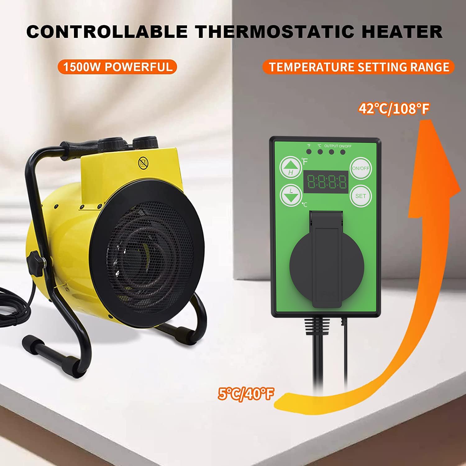Energy Efficient Greenhouse Heater with Adjustable Thermostat - Outdoor Space Heating Fan for Plant Nurseries, Grow Tents & Greenhouses | Overheat Protection, Rapid Heating | Perfect for Patios, Garages & Winter Gardens (Yellow)