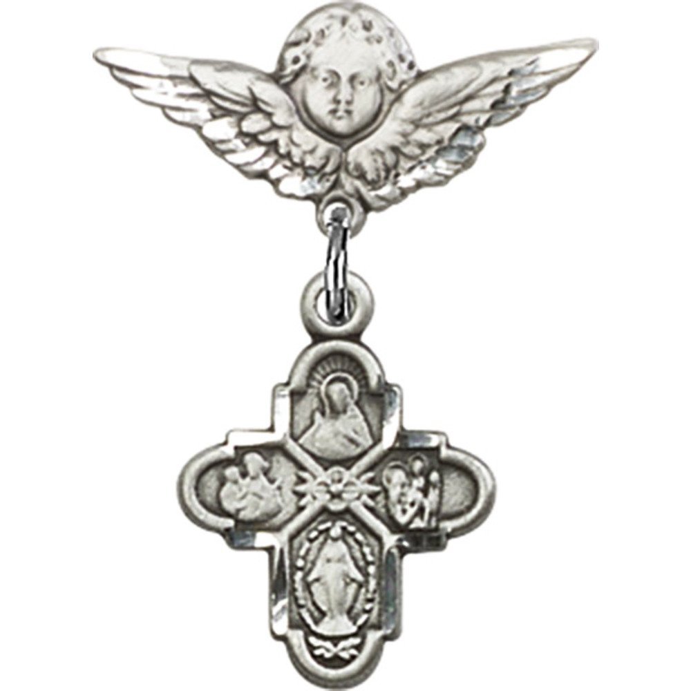 925 Sterling Silver Baby Badge Pin with 4-Way Charm & Angel Wing Charm - 1 x 3/4 Inch - Perfect for Christening Gifts, Baby Showers & Keepsake Jewelry