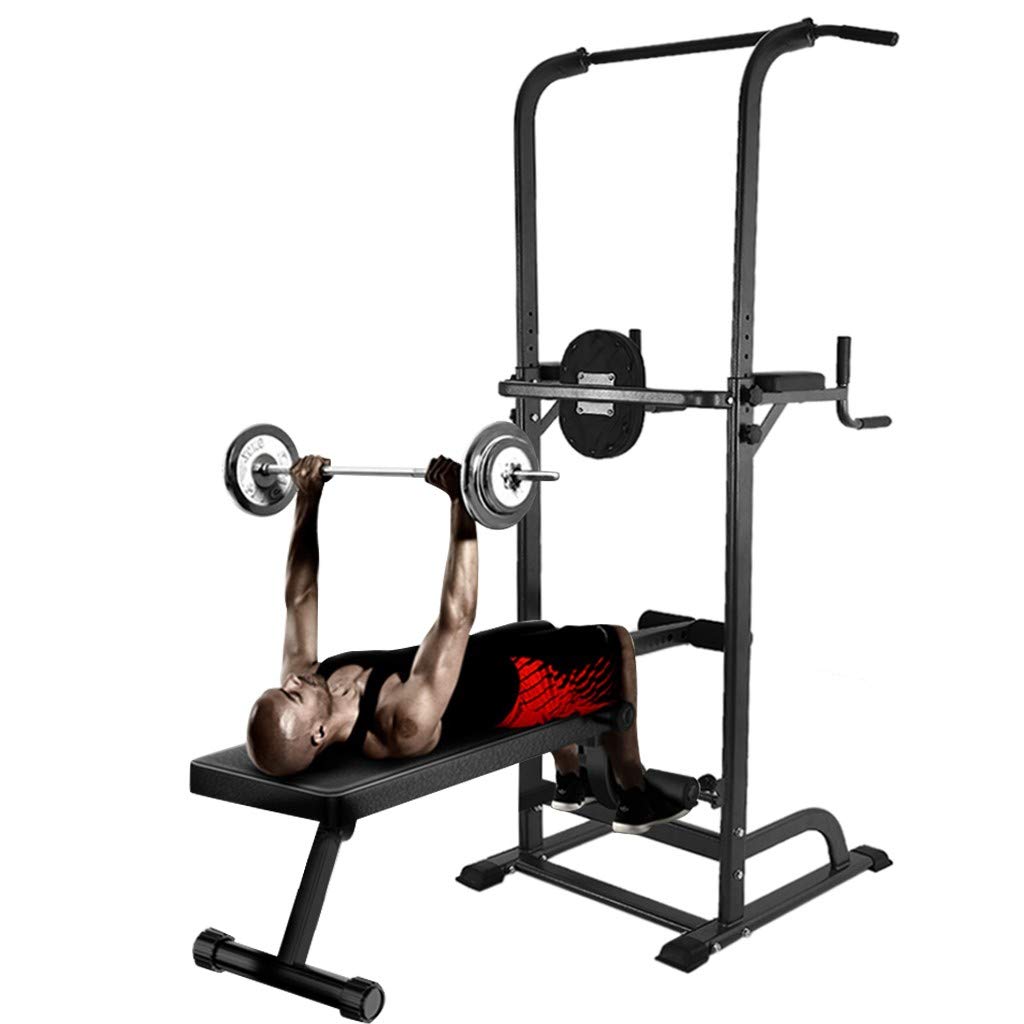 Qianglin Adjustable Power Tower Dip Station with Sit-up Bench - All-in-One Pull Up Bar & Dip Machine for Full Body Workout, Home Gym Strength Training Equipment (US Stock) - Perfect for Home Fitness, Cross Training & Muscle Building