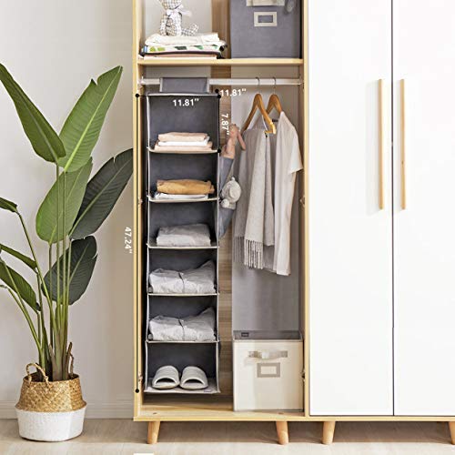 6-Shelf Hanging Closet Organizer with Side Pockets - Space Saving Cloth Storage for Clothes, Shoes & Accessories - Durable Cationic Polyester - Perfect for Bedroom, Dorm, Apartment & Small Spaces