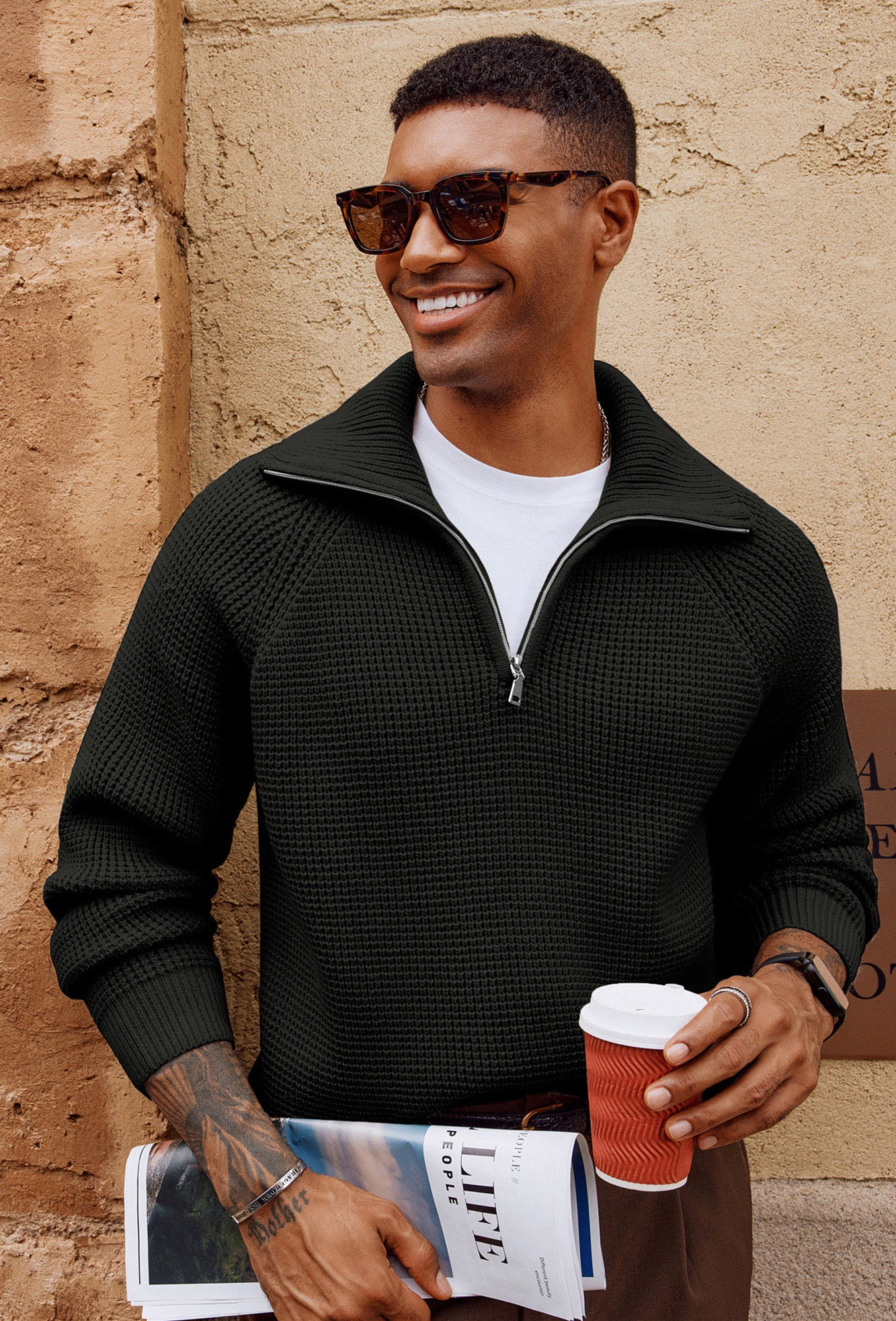 Men's Waffle Textured Sweater - Long Raglan Sleeve Lapel Collar Pullover for Casual Wear & Winter Fashion